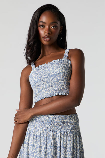 Blue and White Print Smocked Cropped Tank