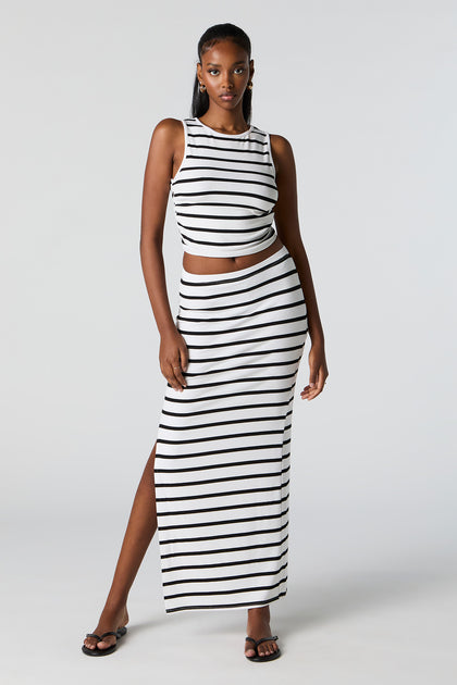 Striped Ribbed Slit Maxi Skirt