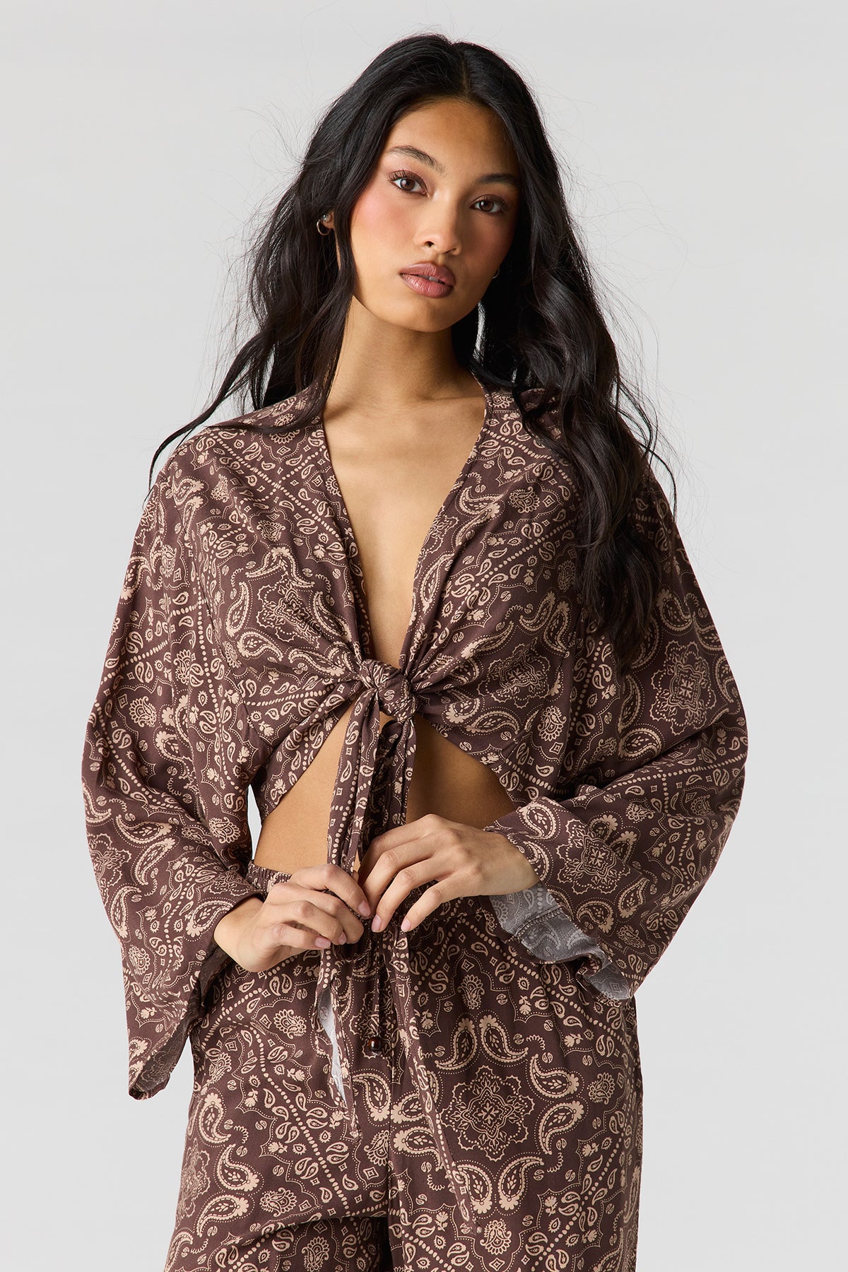 Flowy Tie Front Shrug - Brown