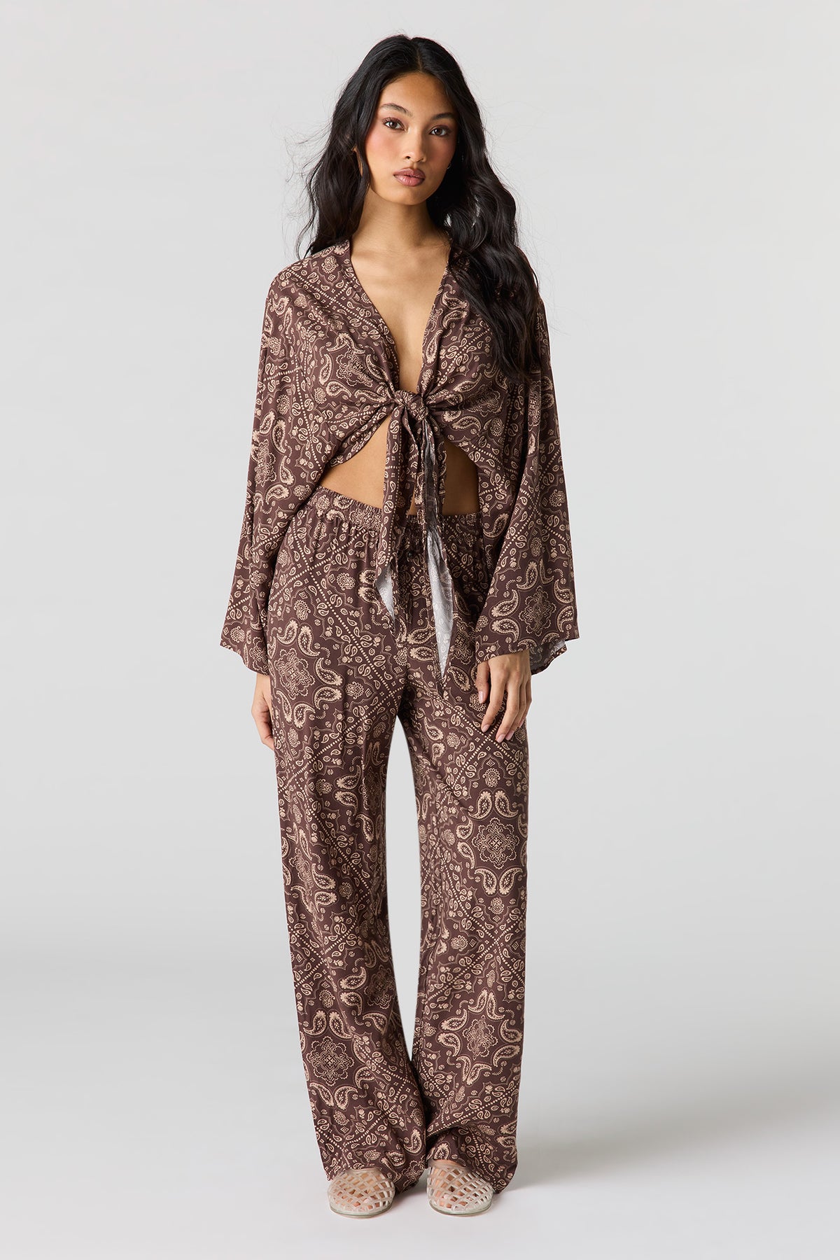 Alt View 3. Flowy Tie Front Shrug - Brown