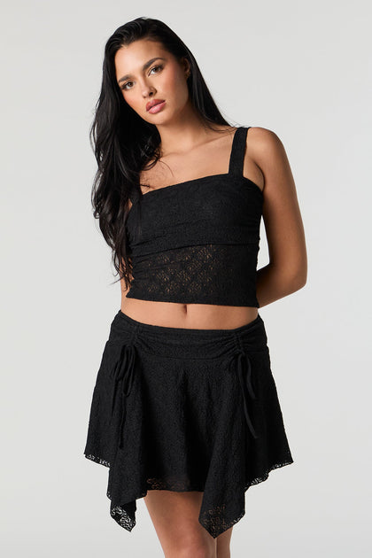 Black Lace Knit Asymmetrical Mini Skirt