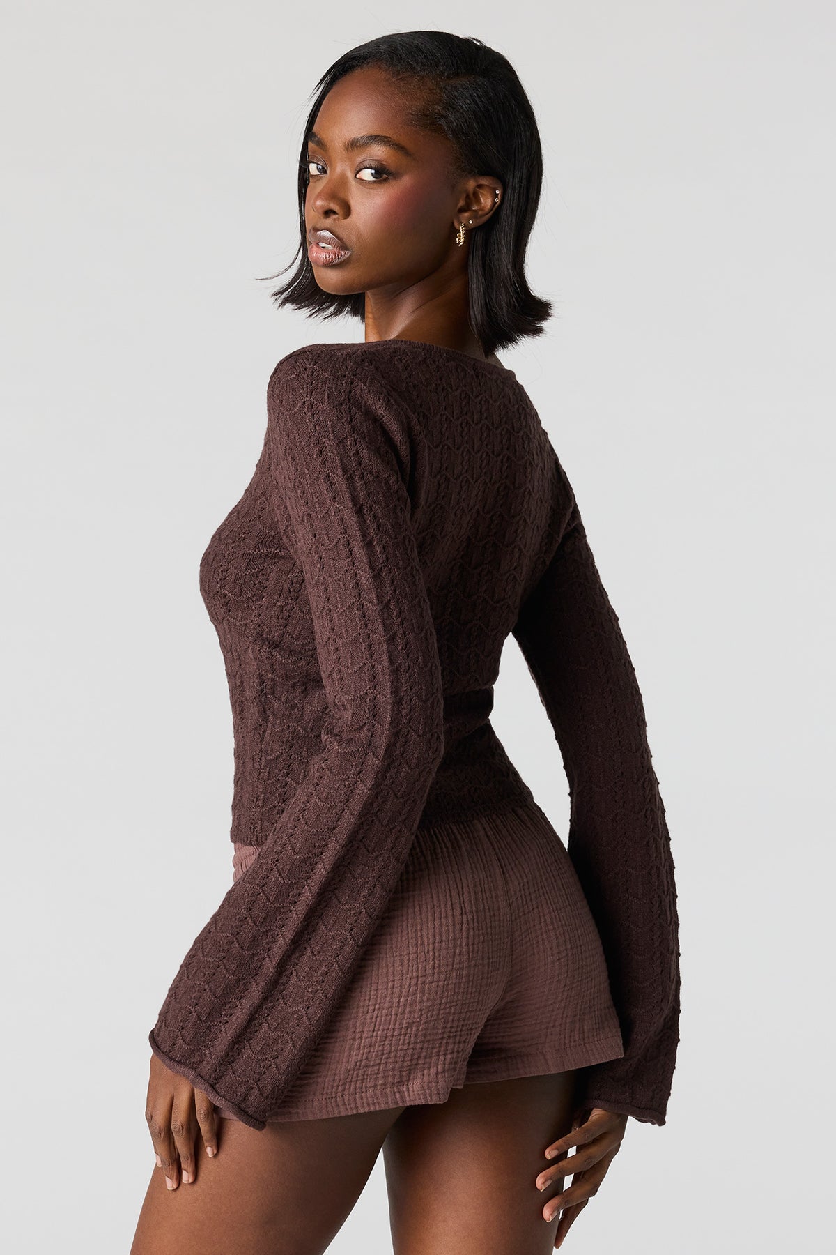 Alt View 2. Textured Drawstring Short - Brown