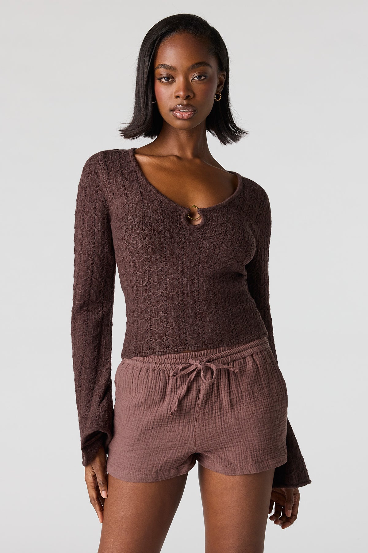 Textured Drawstring Short - Brown