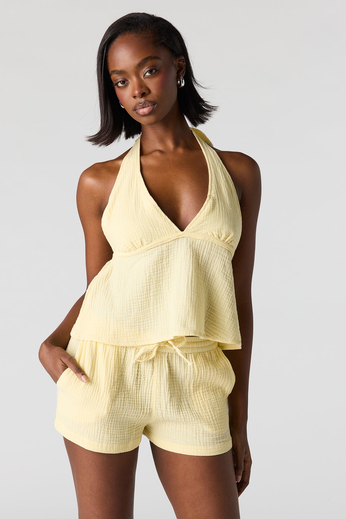 Short texturé à taille coulissante