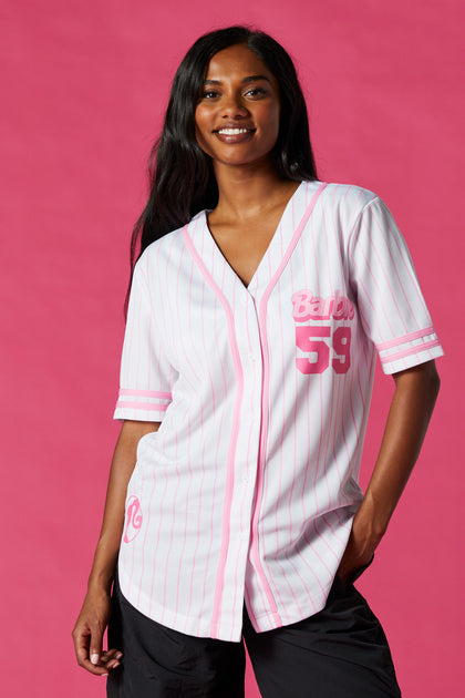 Jersey de baseball rose et blanc à imprimé Barbie