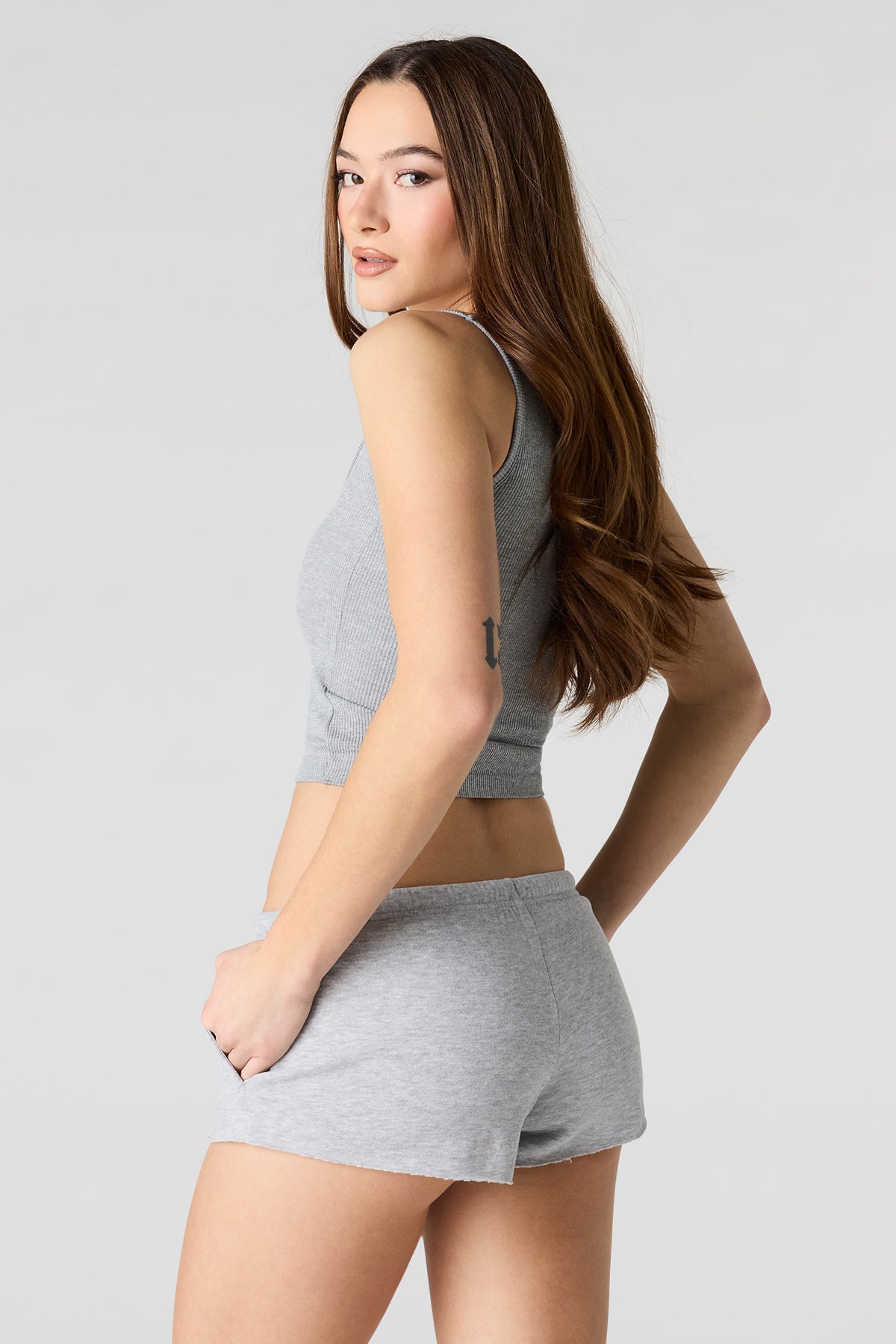 Alt View 2. Fleece Micro Shortie - Heather Grey