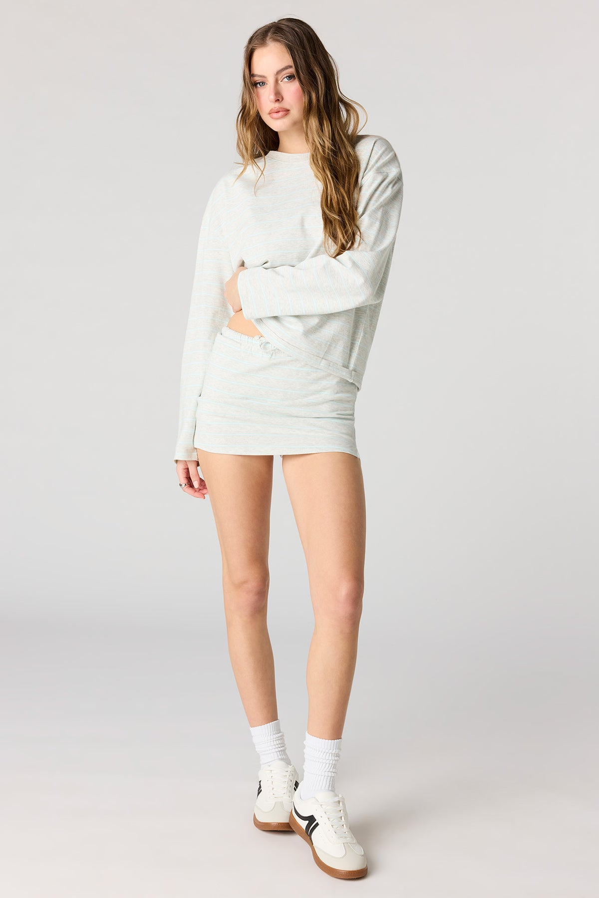 Alt View 3. Striped Drawstring Skort - Heather Grey