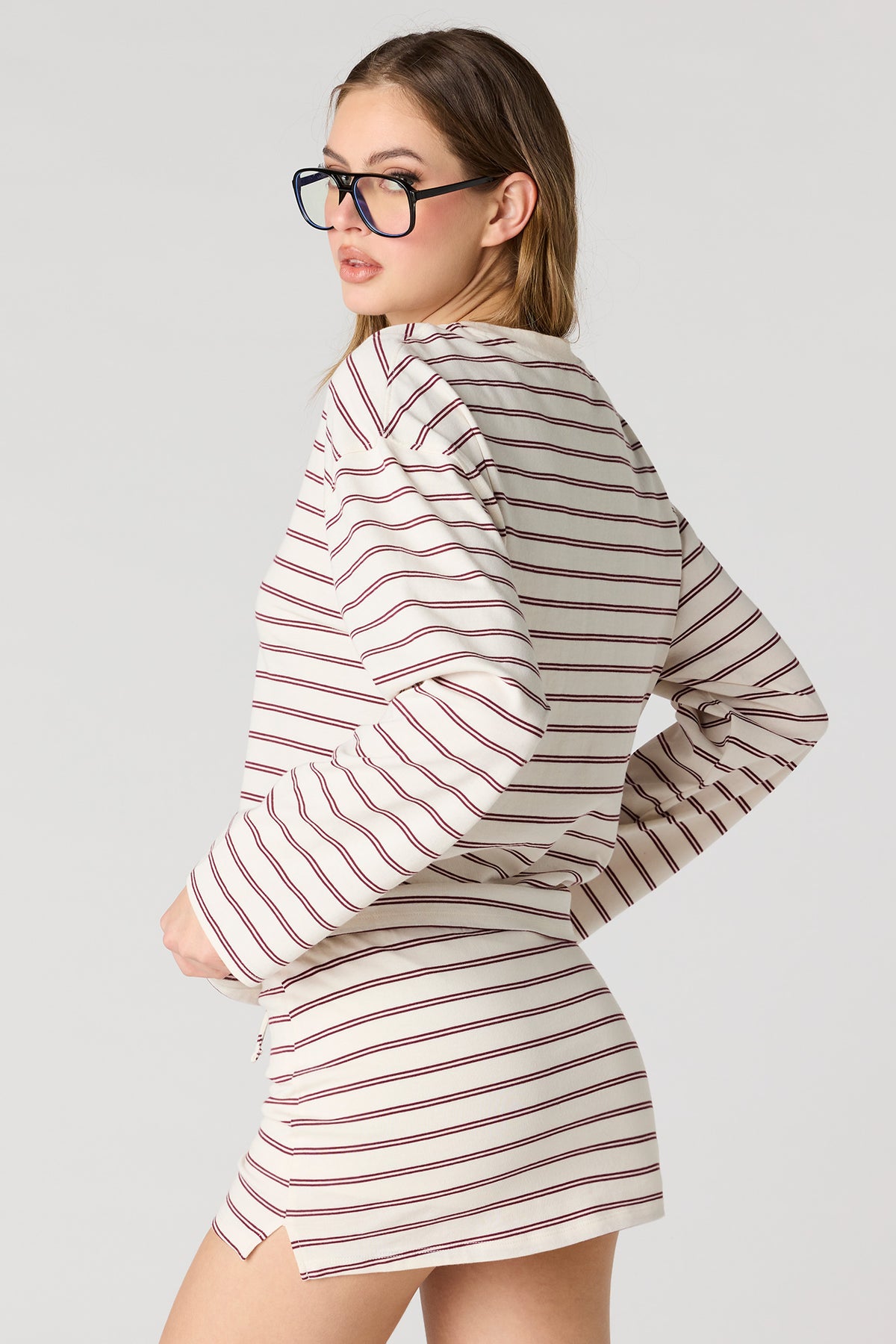 Alt View 2. Striped Drawstring Skort - Beige