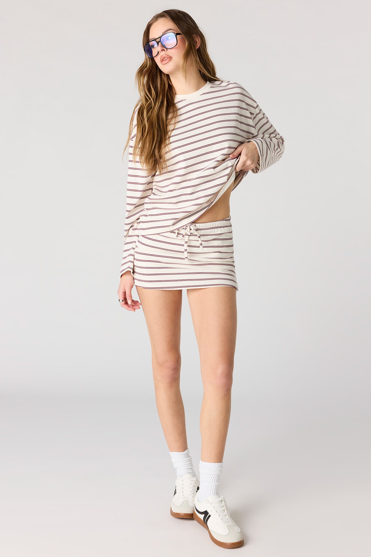 Alt View 3. Striped Drawstring Skort - Beige