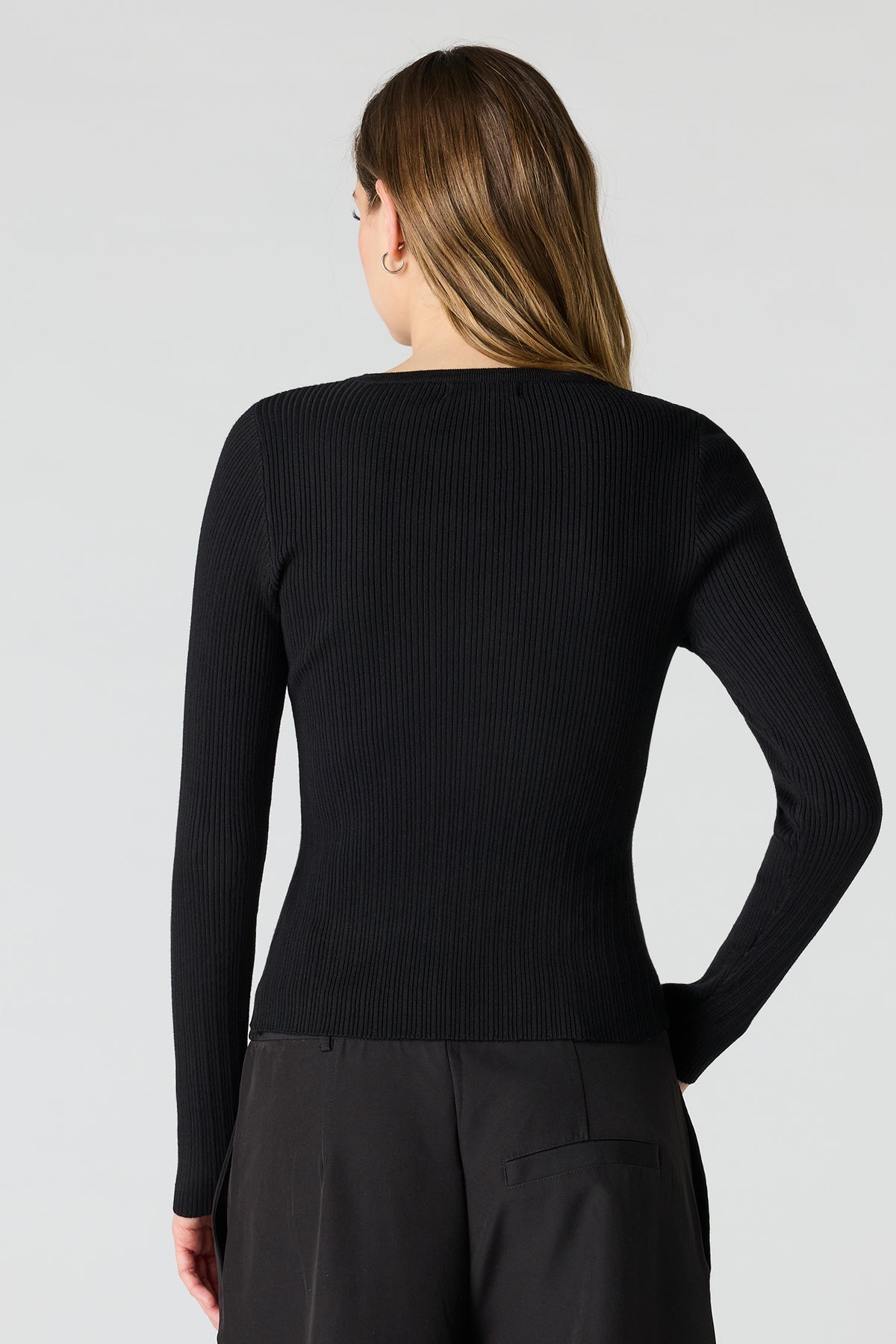 Alt View 2. Ribbed Knit Flyaway Button-Up Cardigan - Black