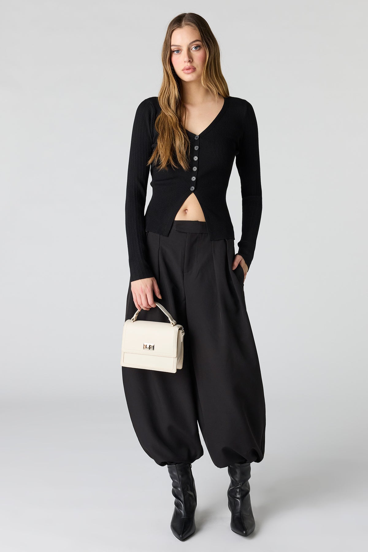 Alt View 3. Ribbed Knit Flyaway Button-Up Cardigan - Black