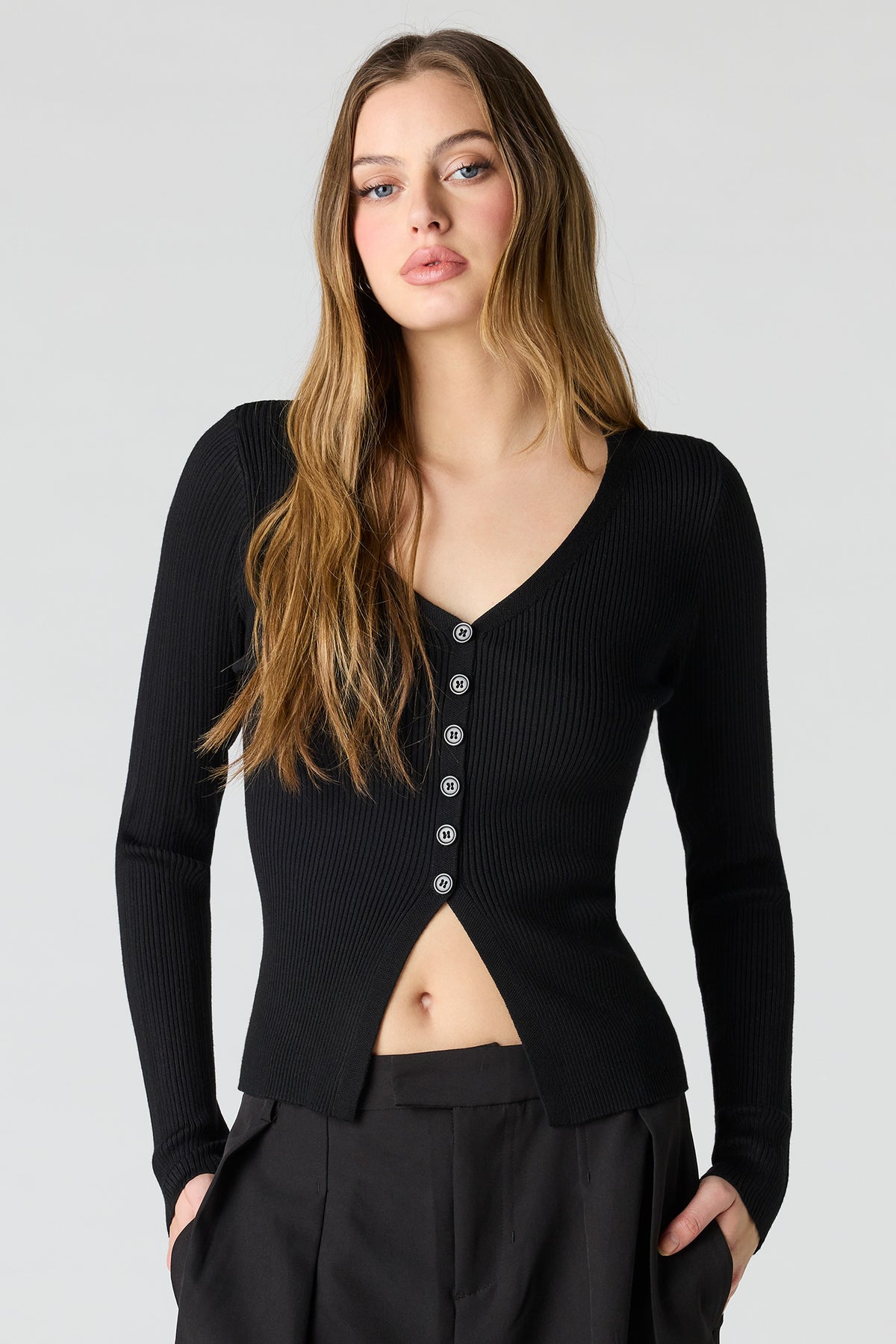 Ribbed Knit Flyaway Button-Up Cardigan - Black