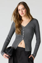 Ribbed Knit Flyaway Button-Up Cardigan