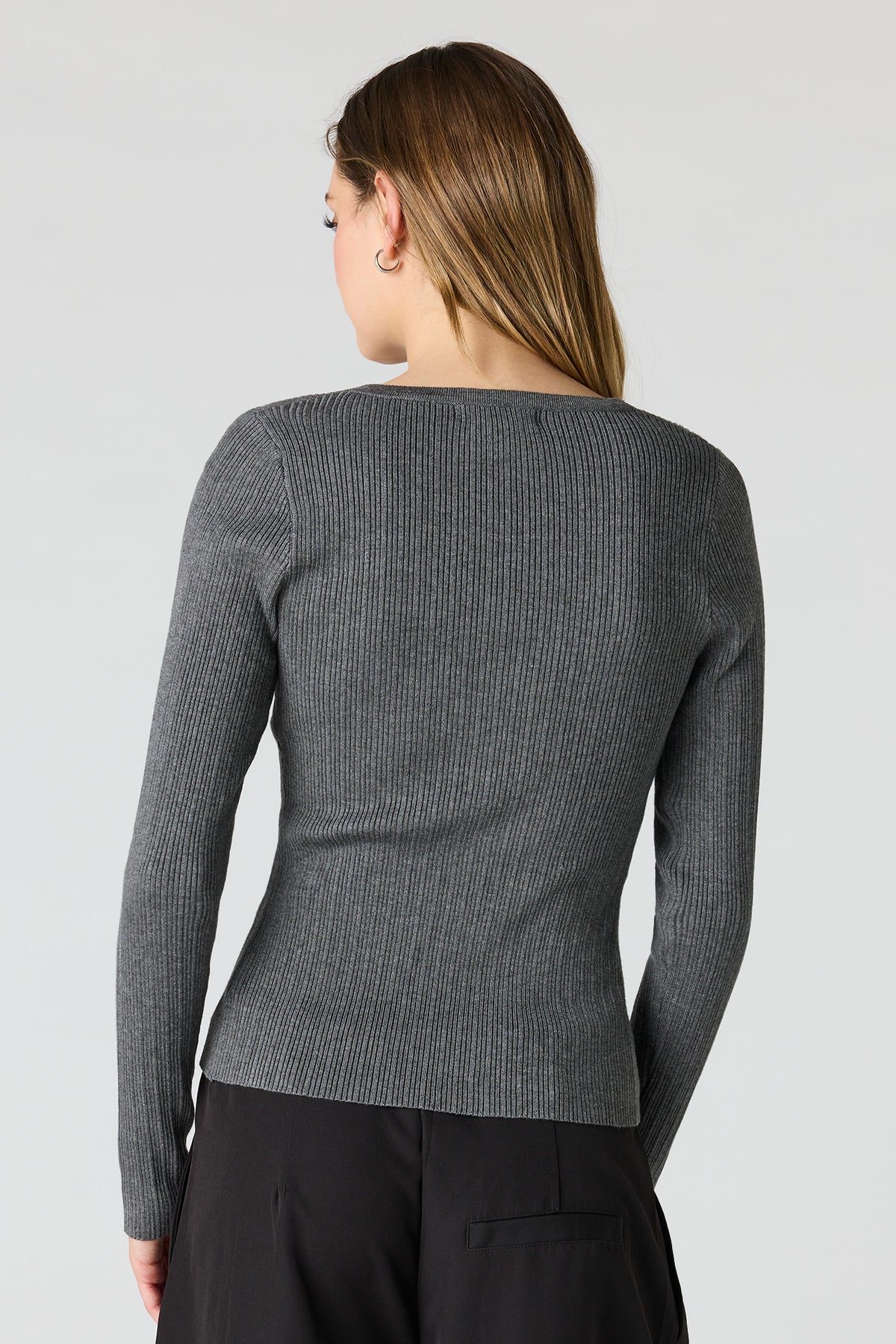 Alt View 2. Ribbed Knit Flyaway Button-Up Cardigan - Charcoal