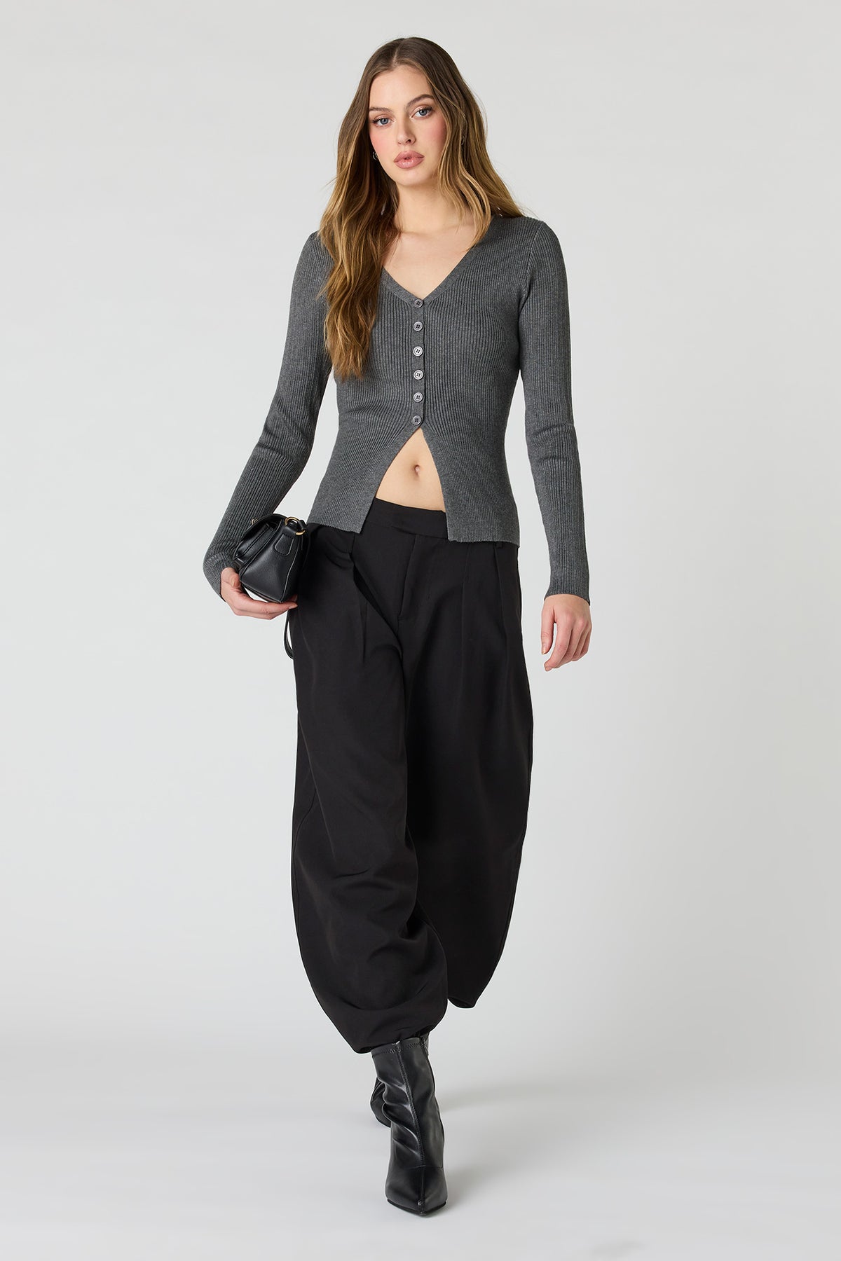 Alt View 3. Ribbed Knit Flyaway Button-Up Cardigan - Charcoal