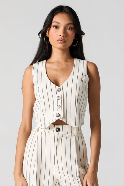 Pinstriped Cropped Button-Up Vest