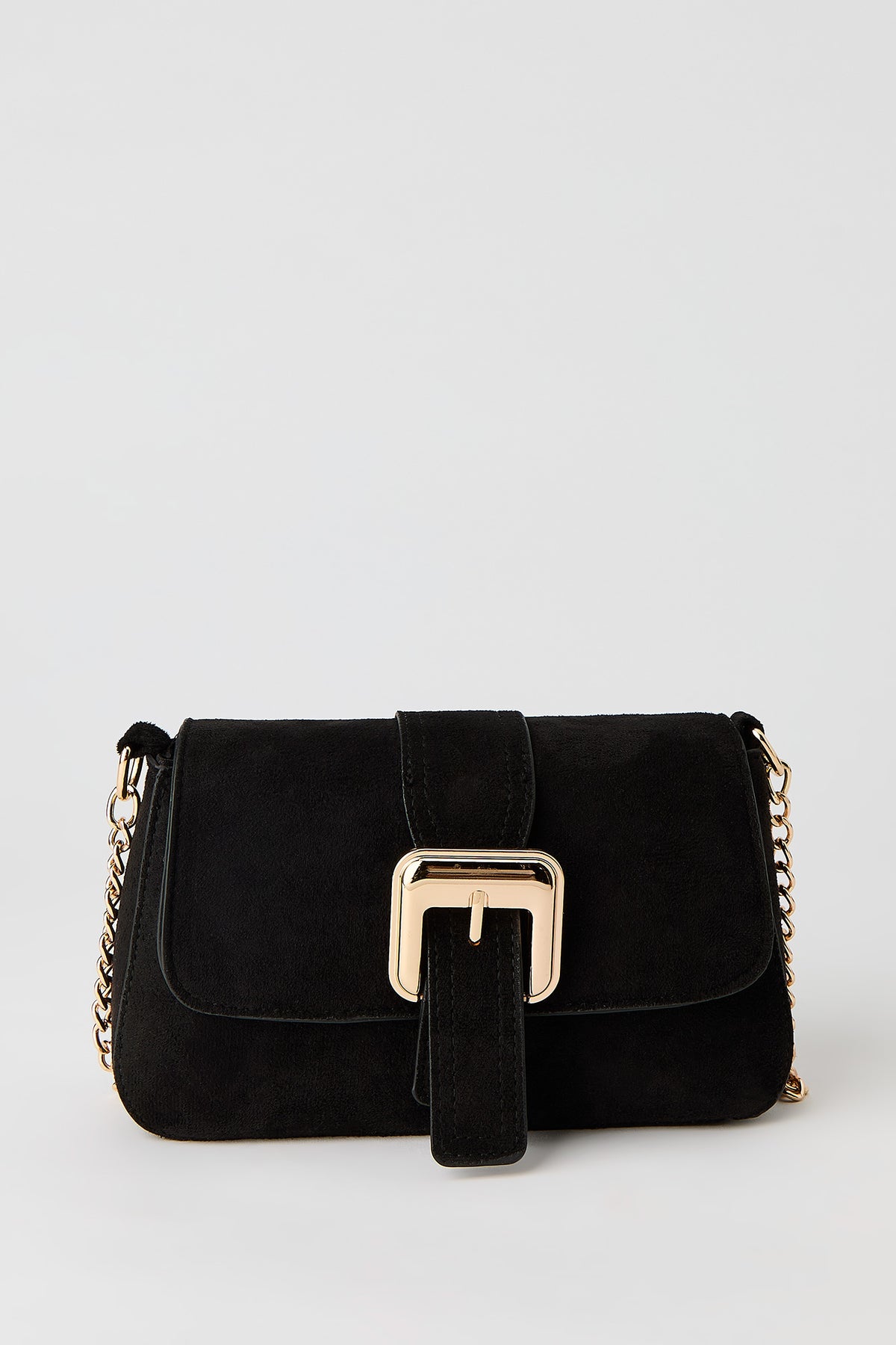 Faux-Suede Buckle Crossbody Chain Purse - Black