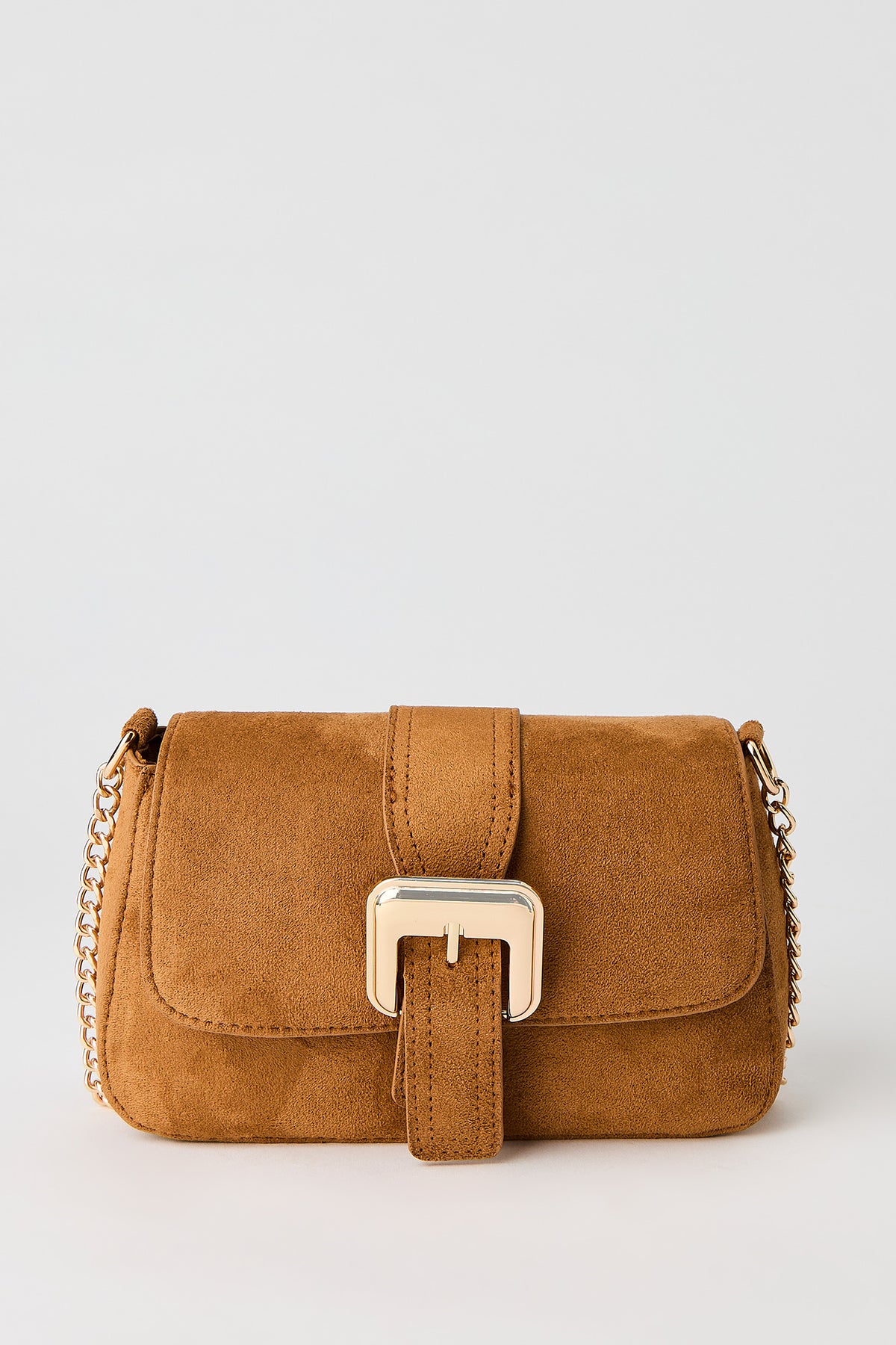 Faux-Suede Buckle Crossbody Chain Purse - Camel