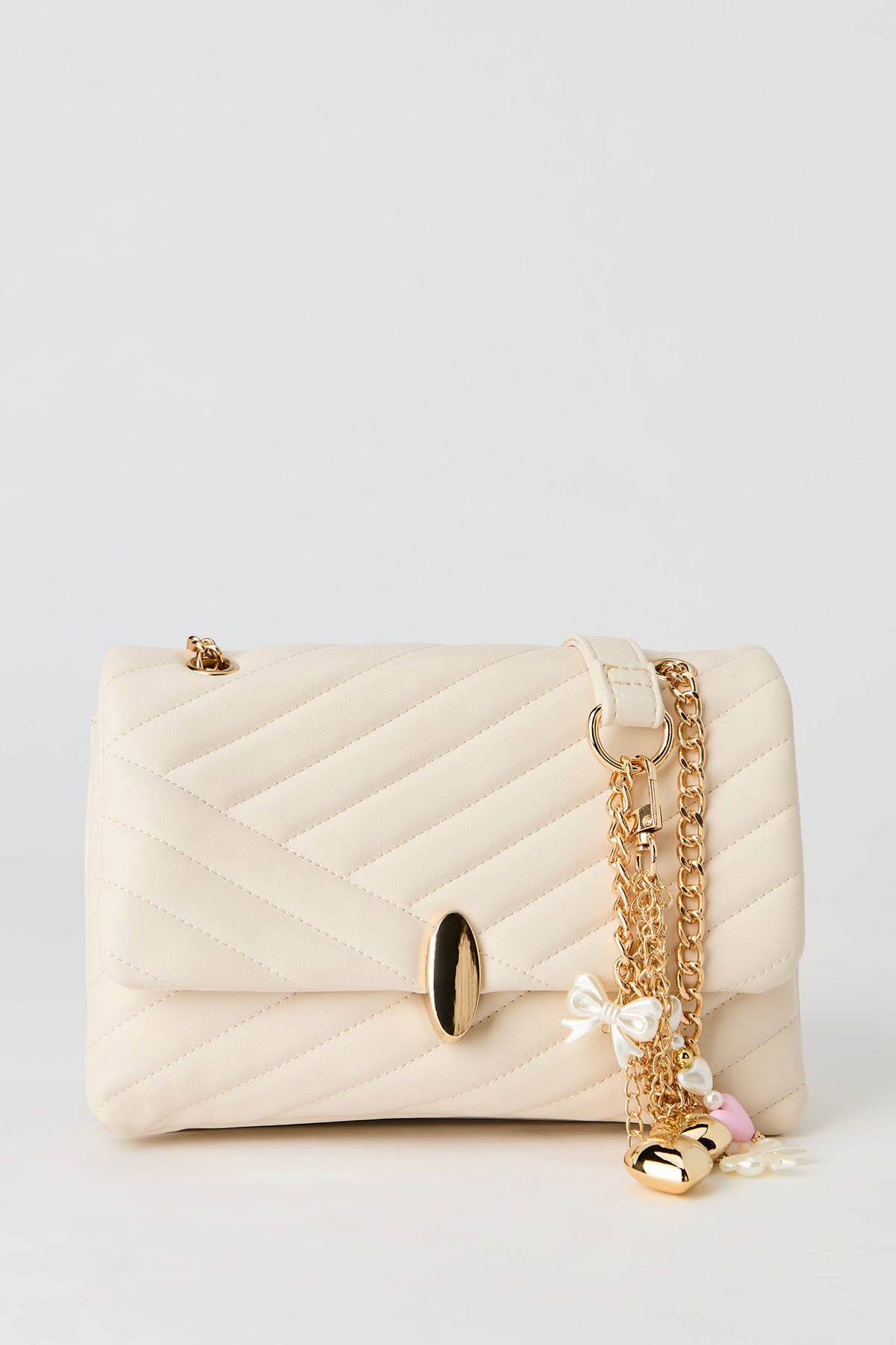Quilted Dual-Strap Crossbody Purse with Keychain - Beige