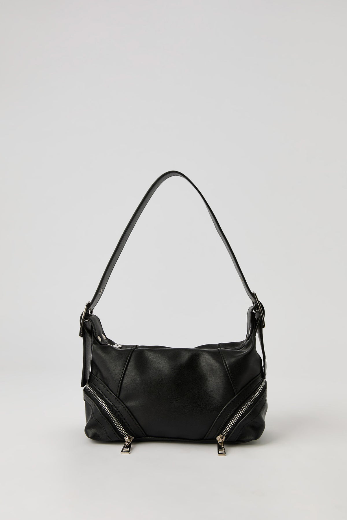 Faux Leather Zipper Detail Shoulder Bag - Black