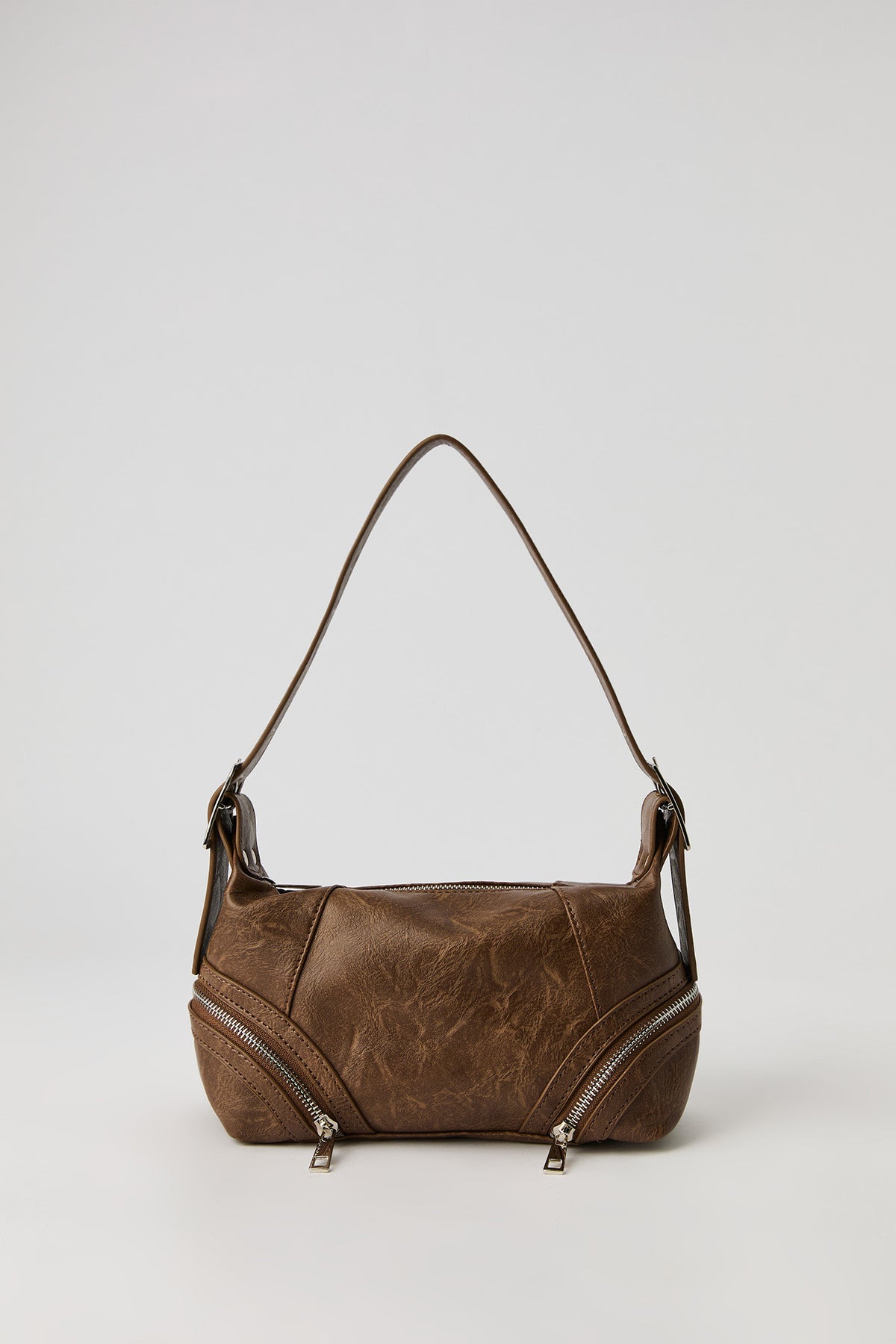Faux Leather Zipper Detail Shoulder Bag - Brown