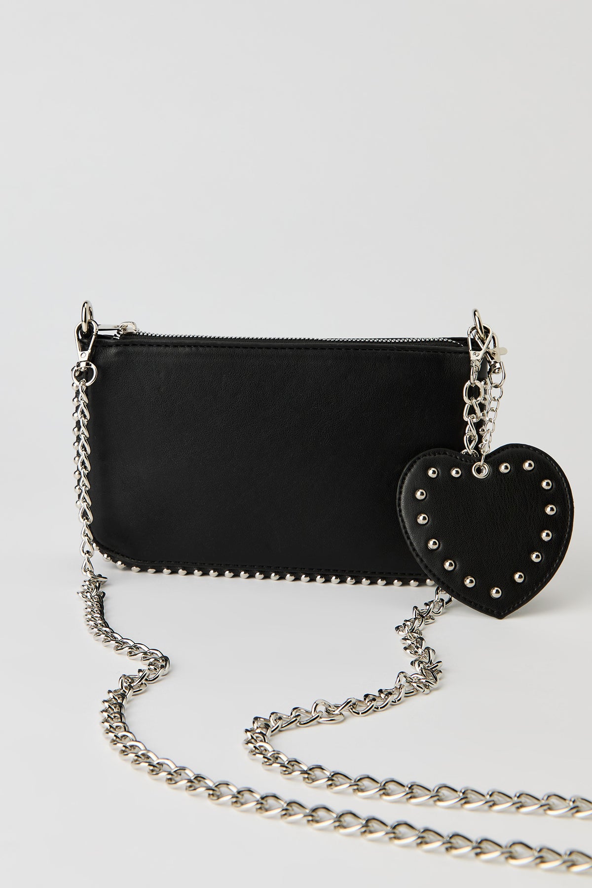 Studded Crossbody Bag with Heart Keychain - Black