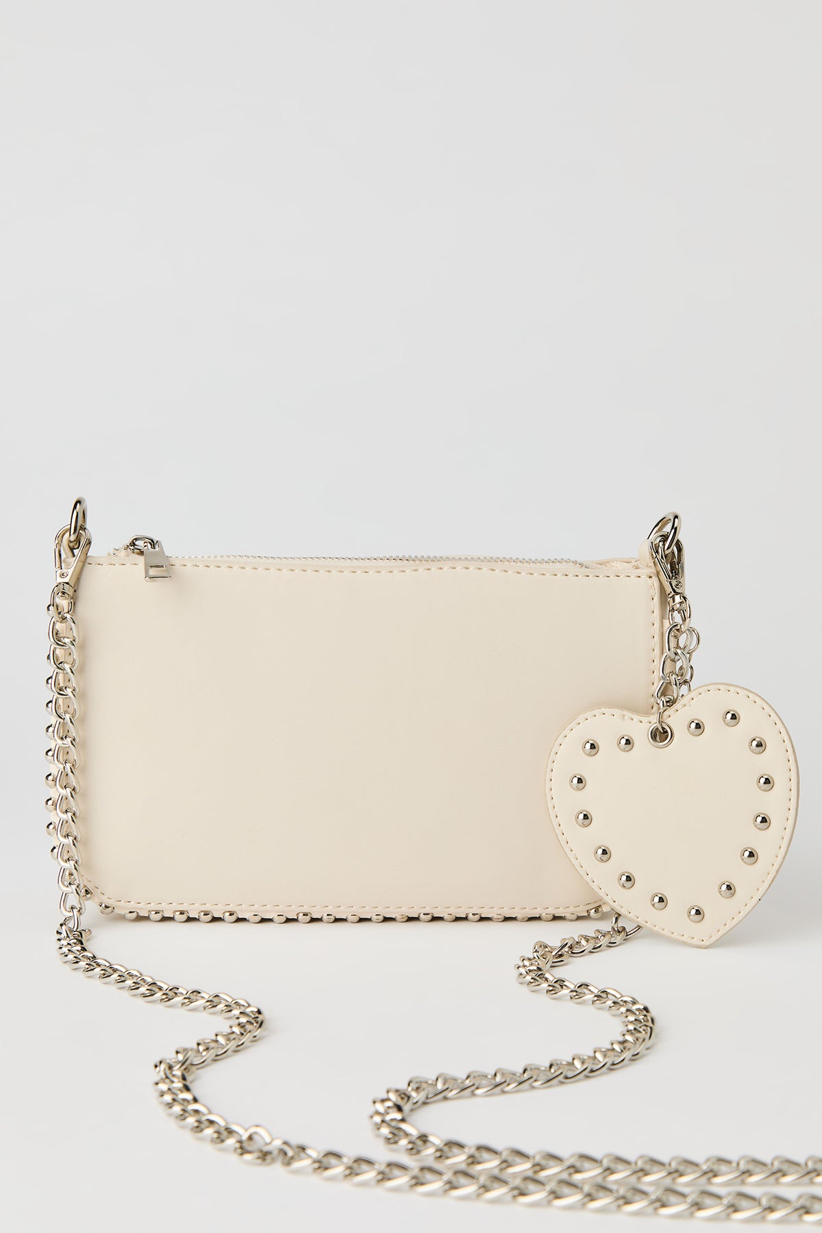 Studded Crossbody Bag with Heart Keychain - Beige