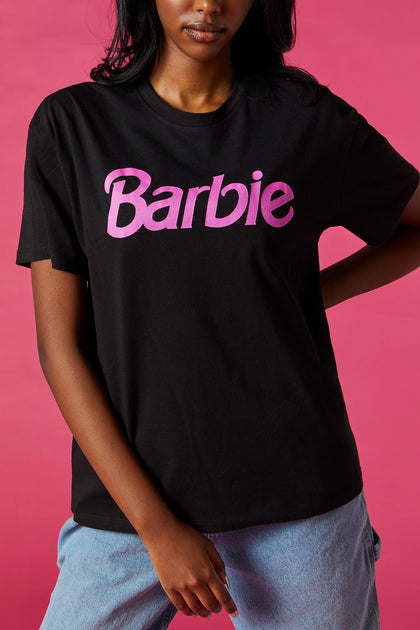 T-shirt de coupe garçonne noir à imprimé Barbie