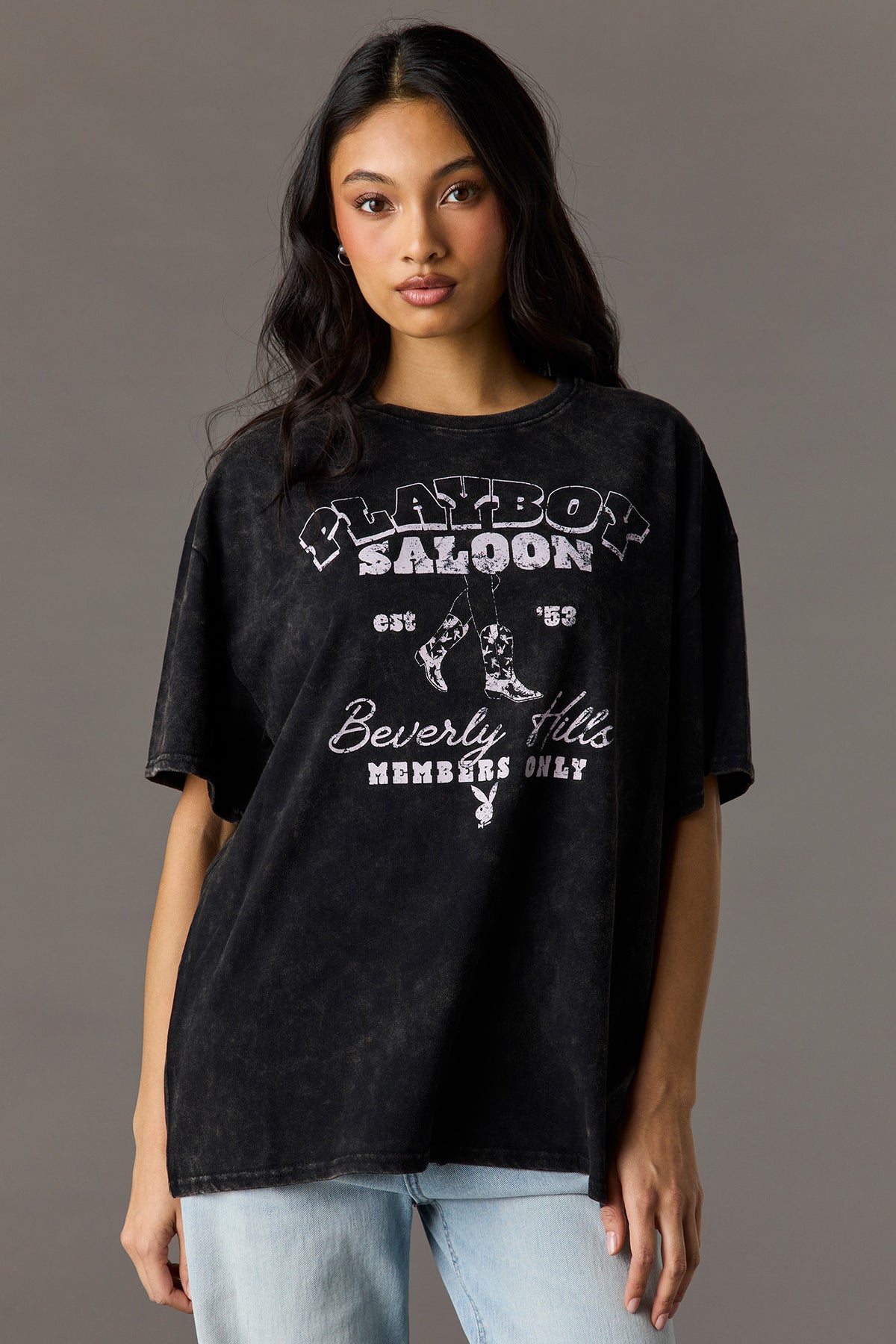 T-shirt surdimensionné en coton lourd de luxe à imprimé délavé Playboy