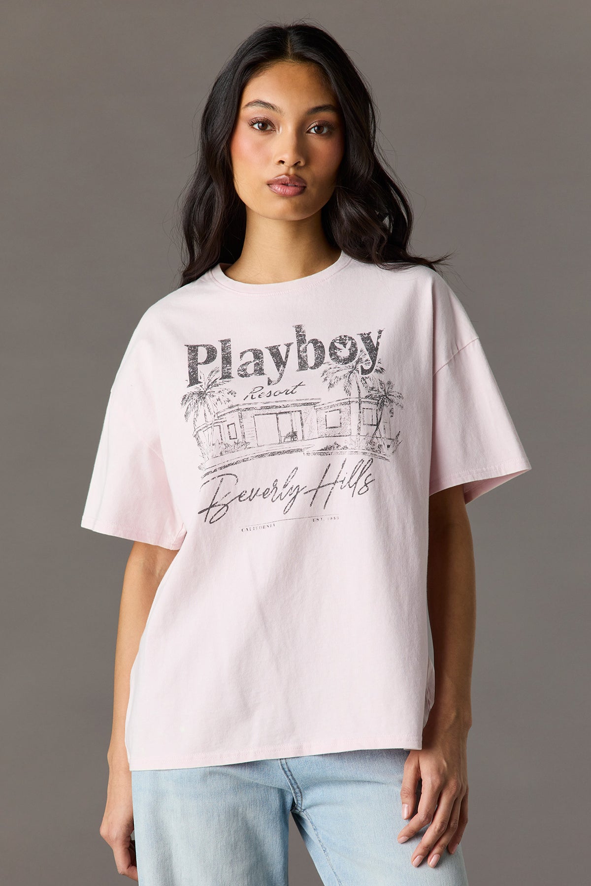 Luxe Heavy Cotton Playboy Oversized Graphic T-Shirt - Light Pink