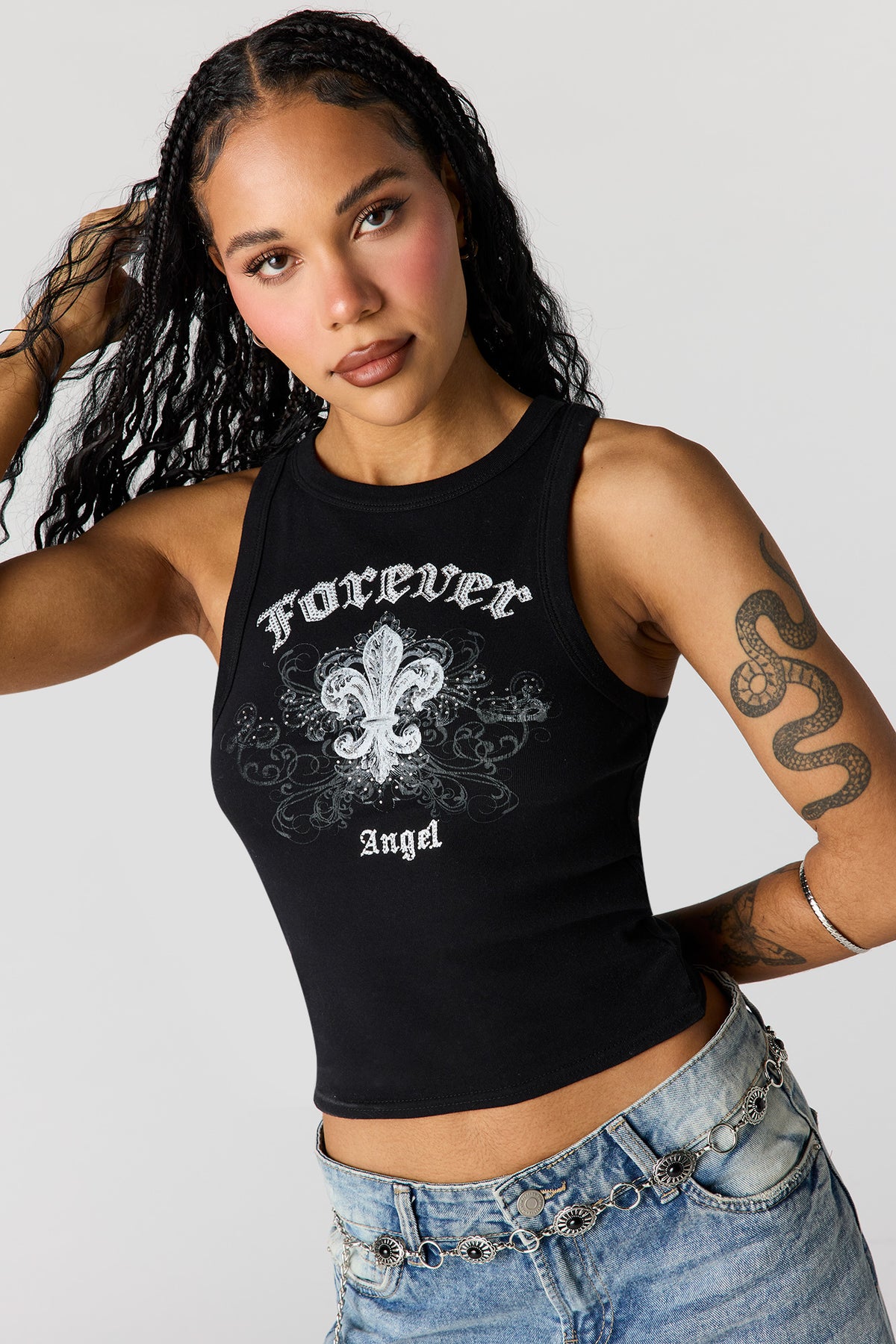 Rhinestone Ribbed Tank - Black