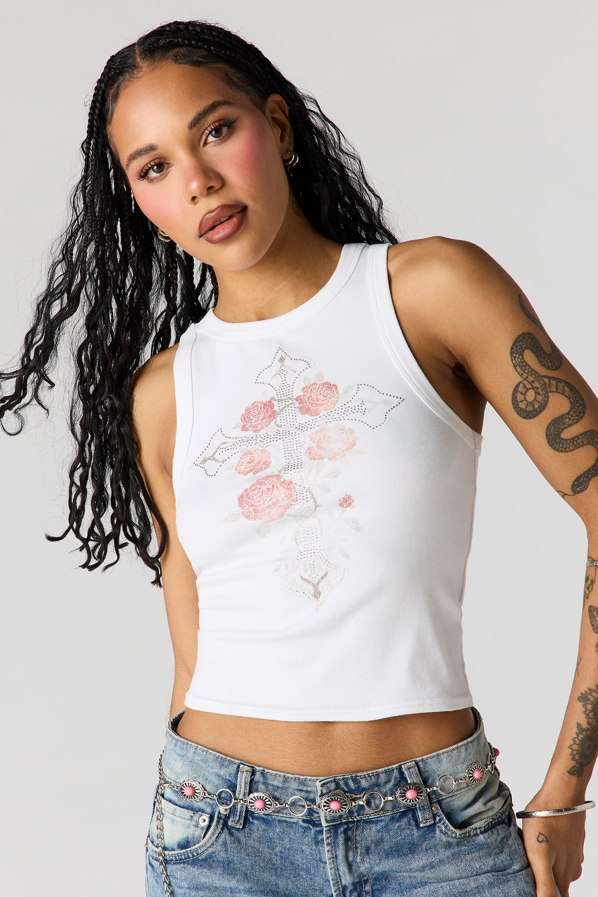 Rhinestone Ribbed Tank - White
