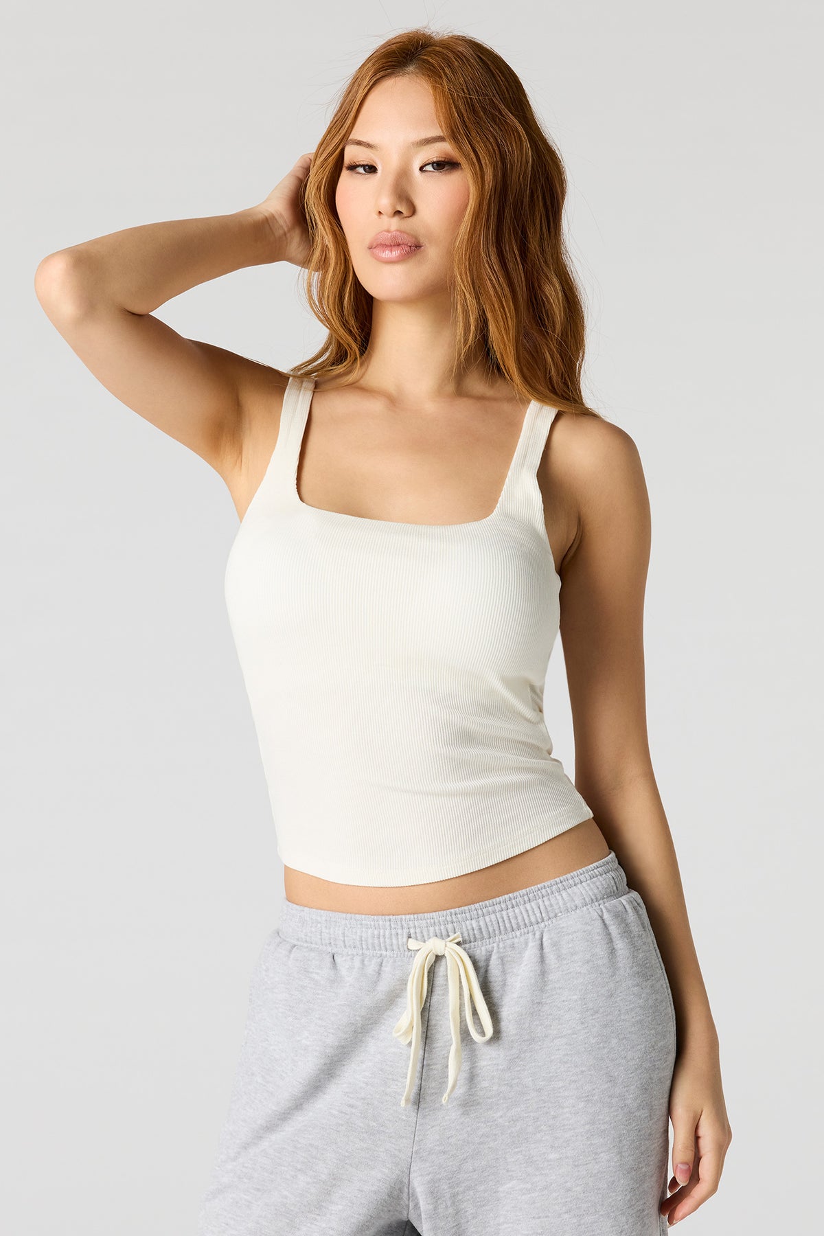 Alt View 17. Braless Ribbed Square Neck Tank - Light Grey