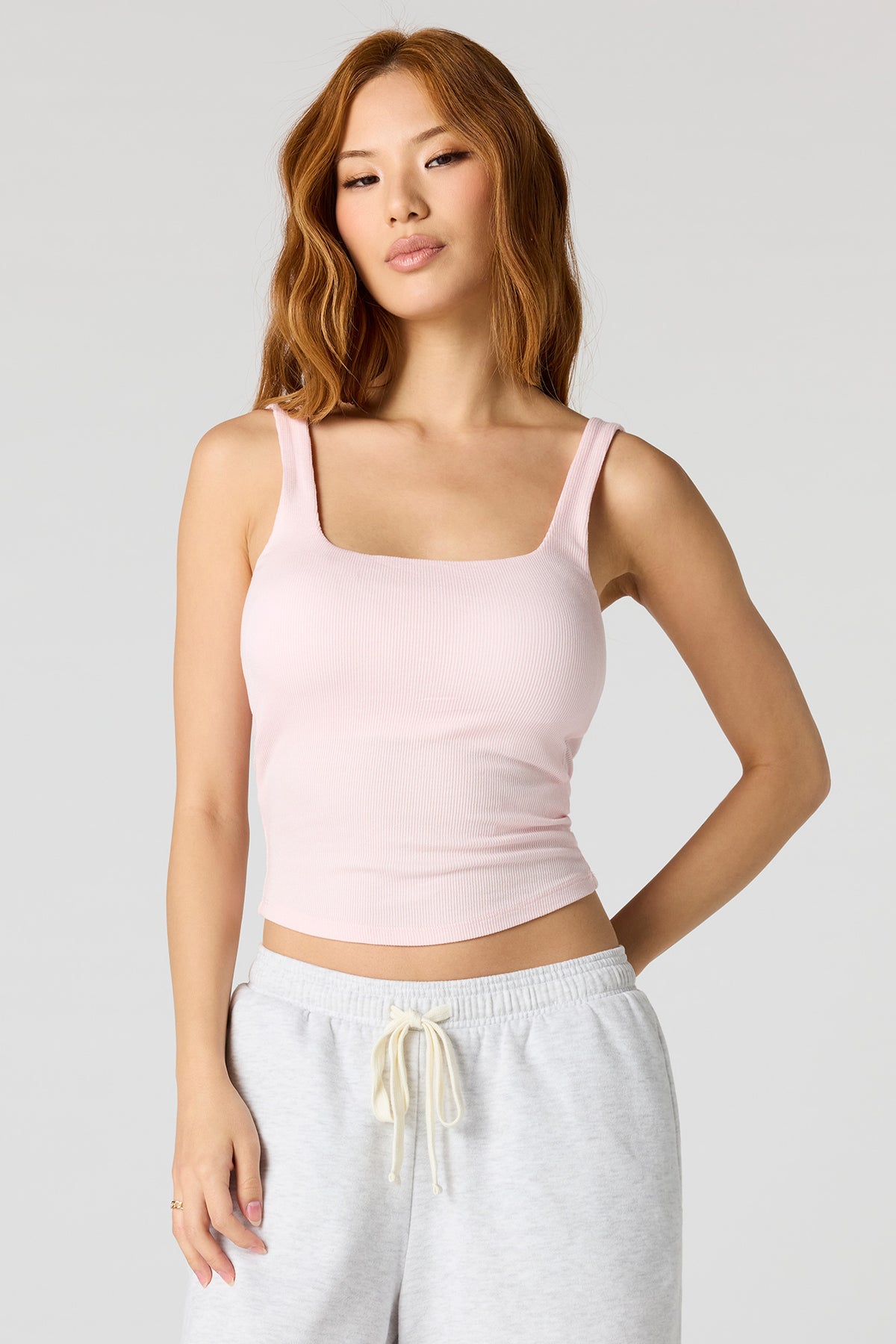 Alt View 20. Braless Ribbed Square Neck Tank - Light Grey
