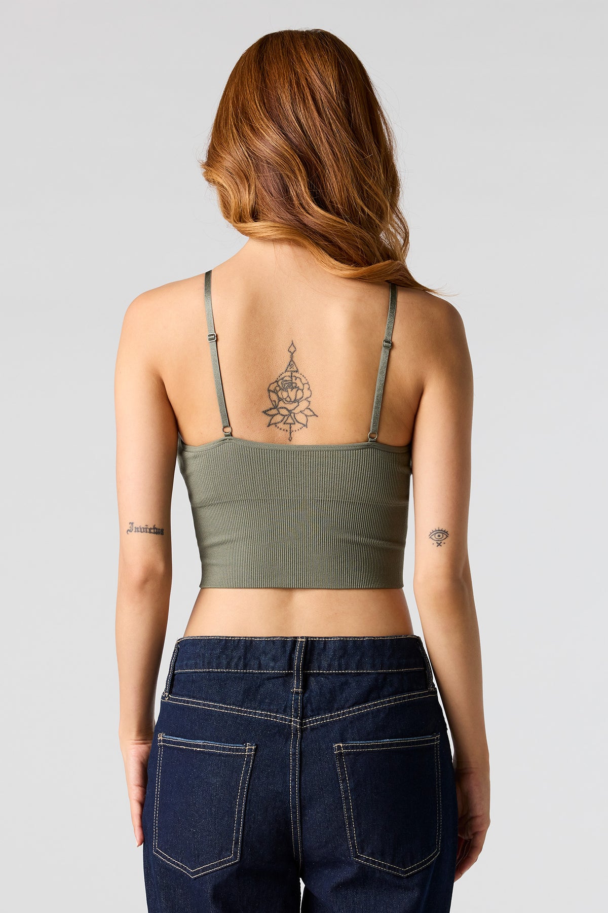 Alt View 2. Seamless Ribbed Crop Cami With Built-In Cups - Dark Green