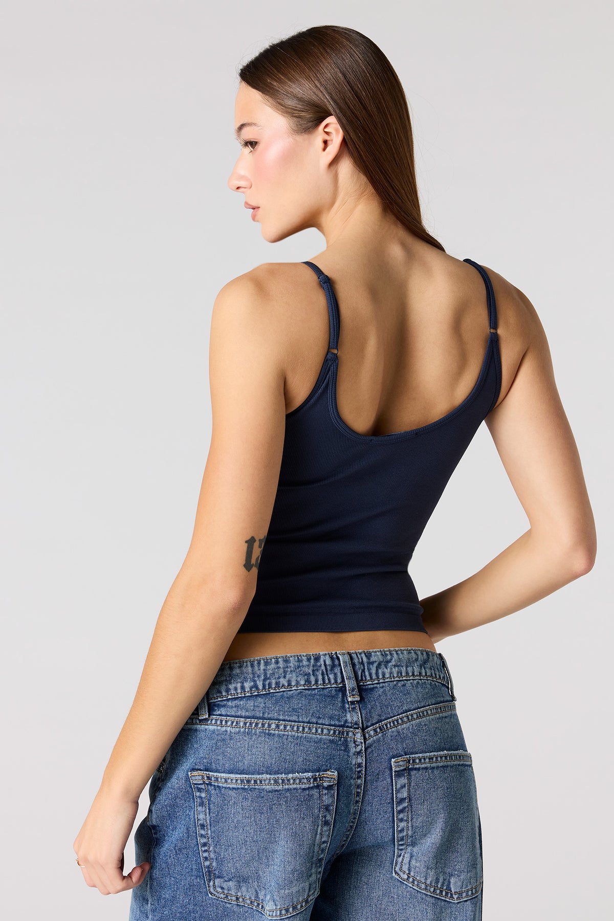 Alt View 2. Braless Seamless Ribbed V-Neck Tank - Navy