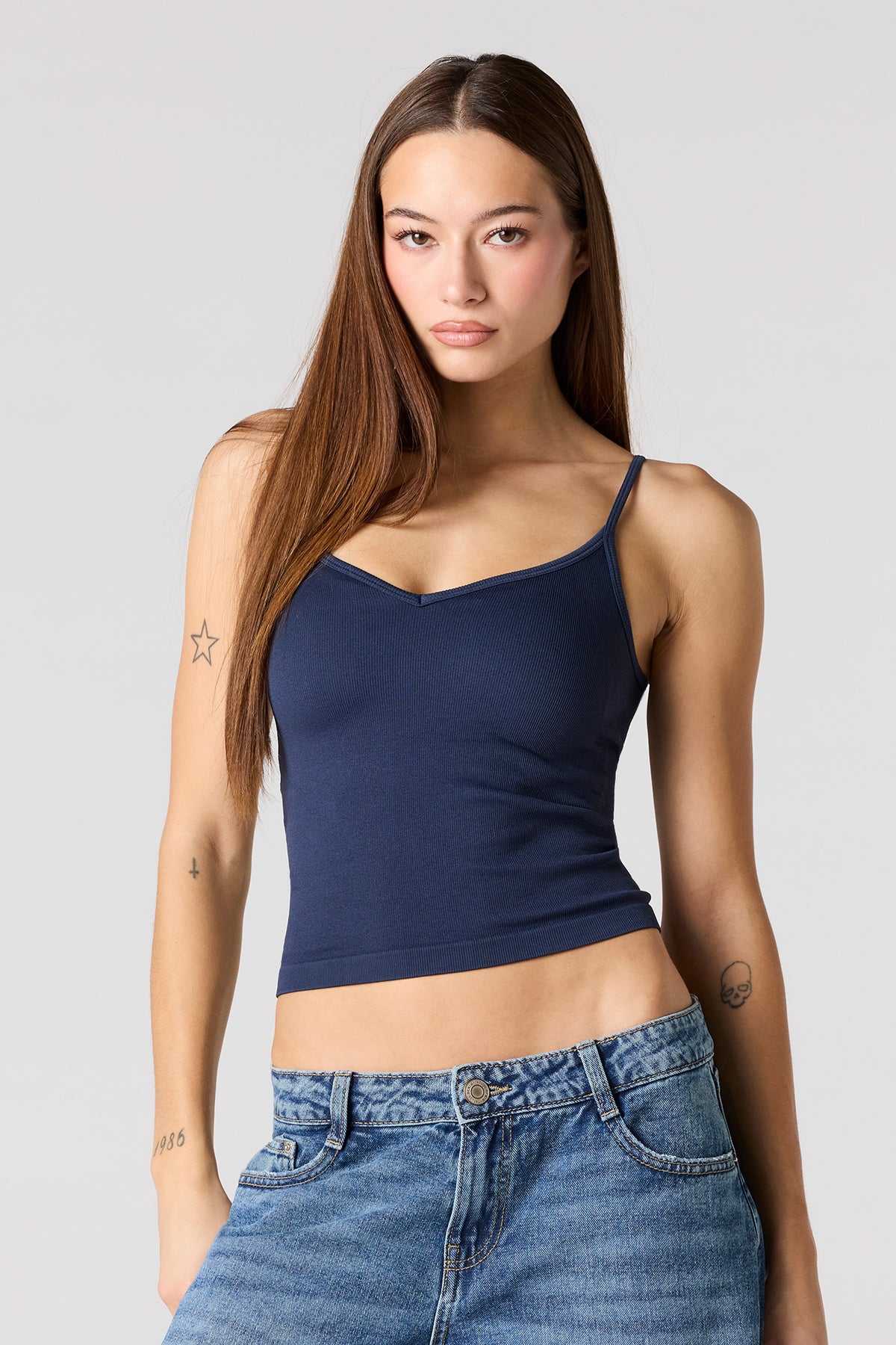 Braless Seamless Ribbed V-Neck Tank - Navy