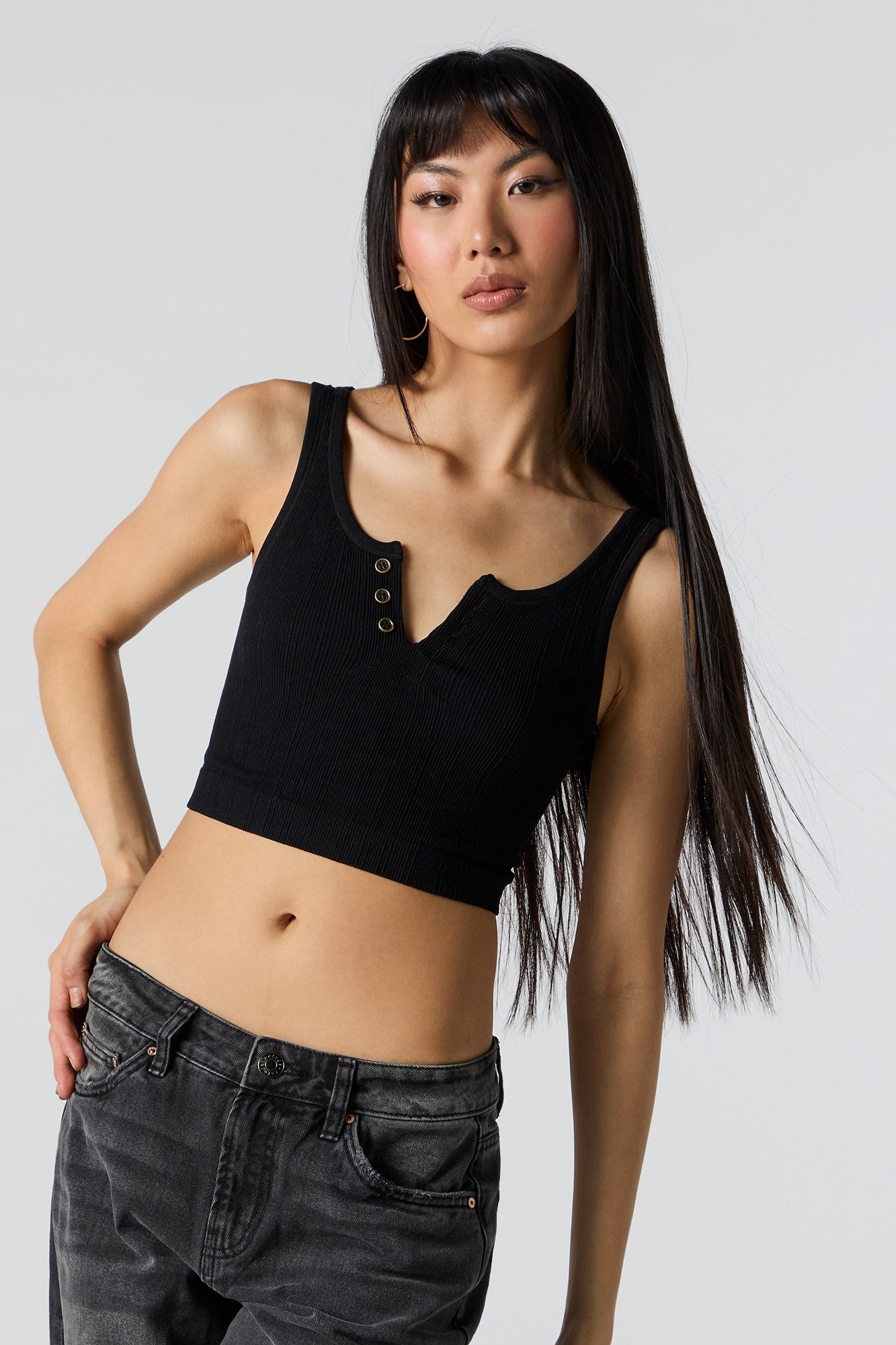 Seamless Ribbed Cropped Henley Tank