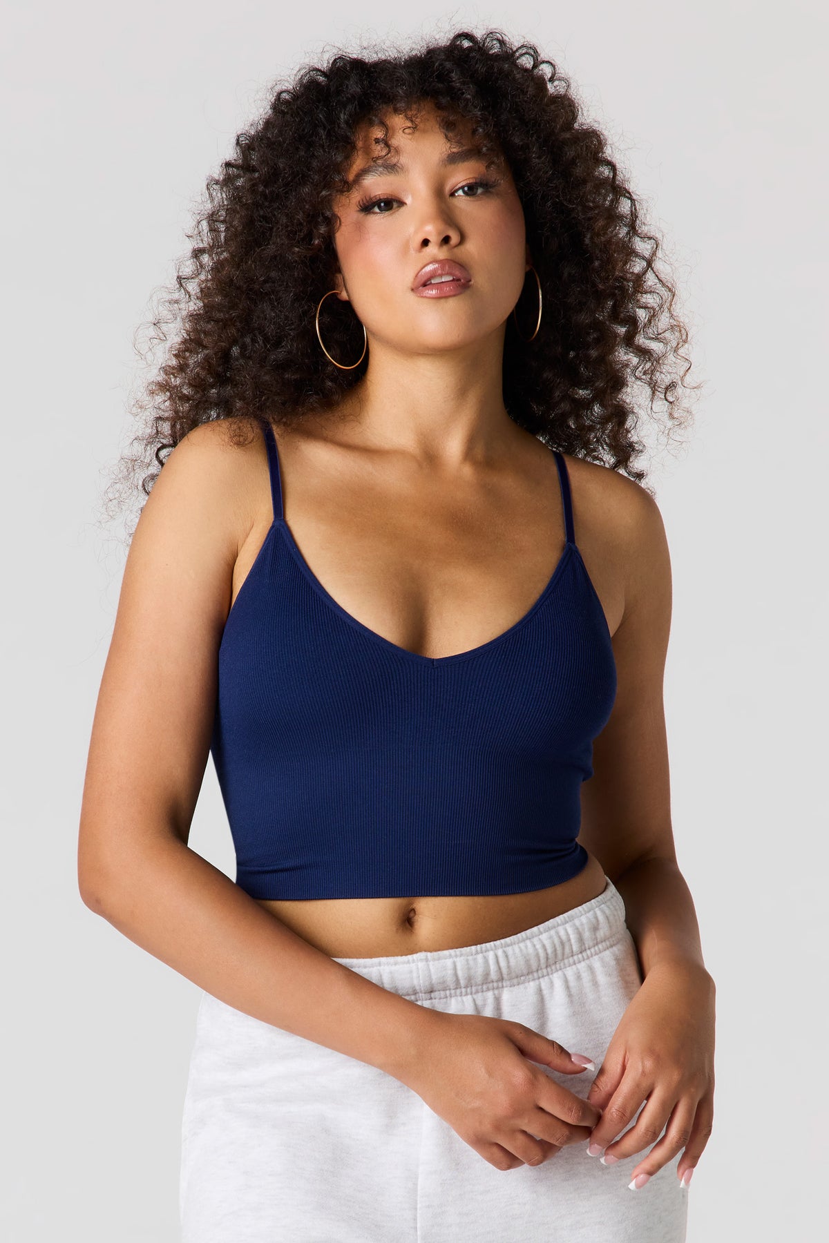 Débardeur côtelé sans couture à encolure en V avec soutien-gorge intégré