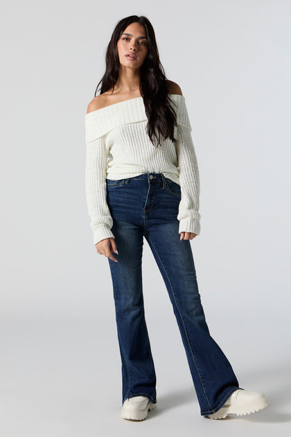 Black Front Button Bell Bottom Jeans