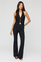 Jean extensible noir à jambe évasée et taille haute 