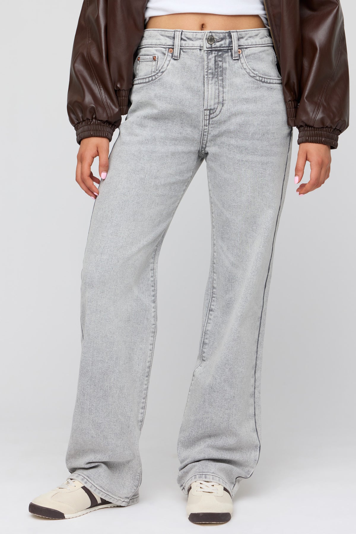 Alt View 2. Sydney Stretch High Rise Straight Wide Leg Grey Jean - Light Grey