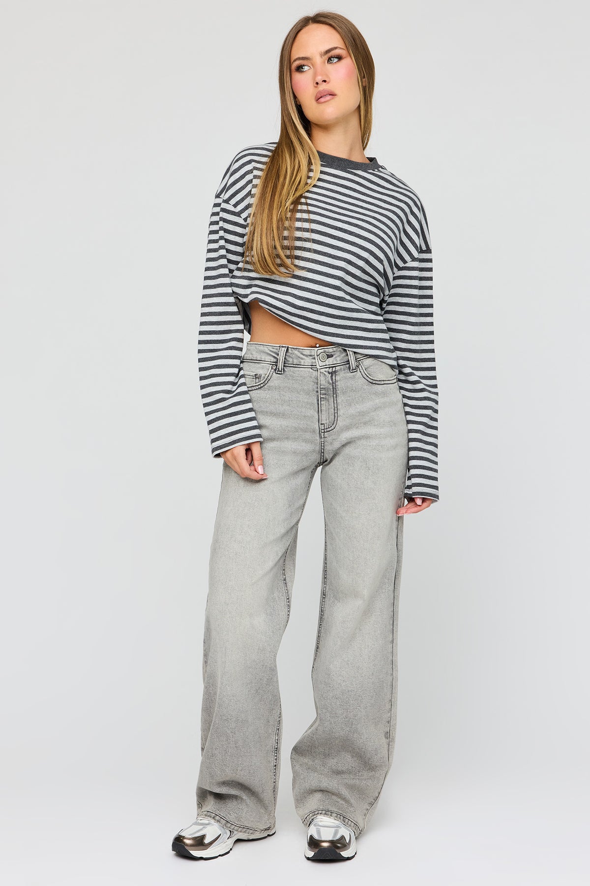 Paris Stretch High Rise Wide Leg Grey Jean - Light Grey