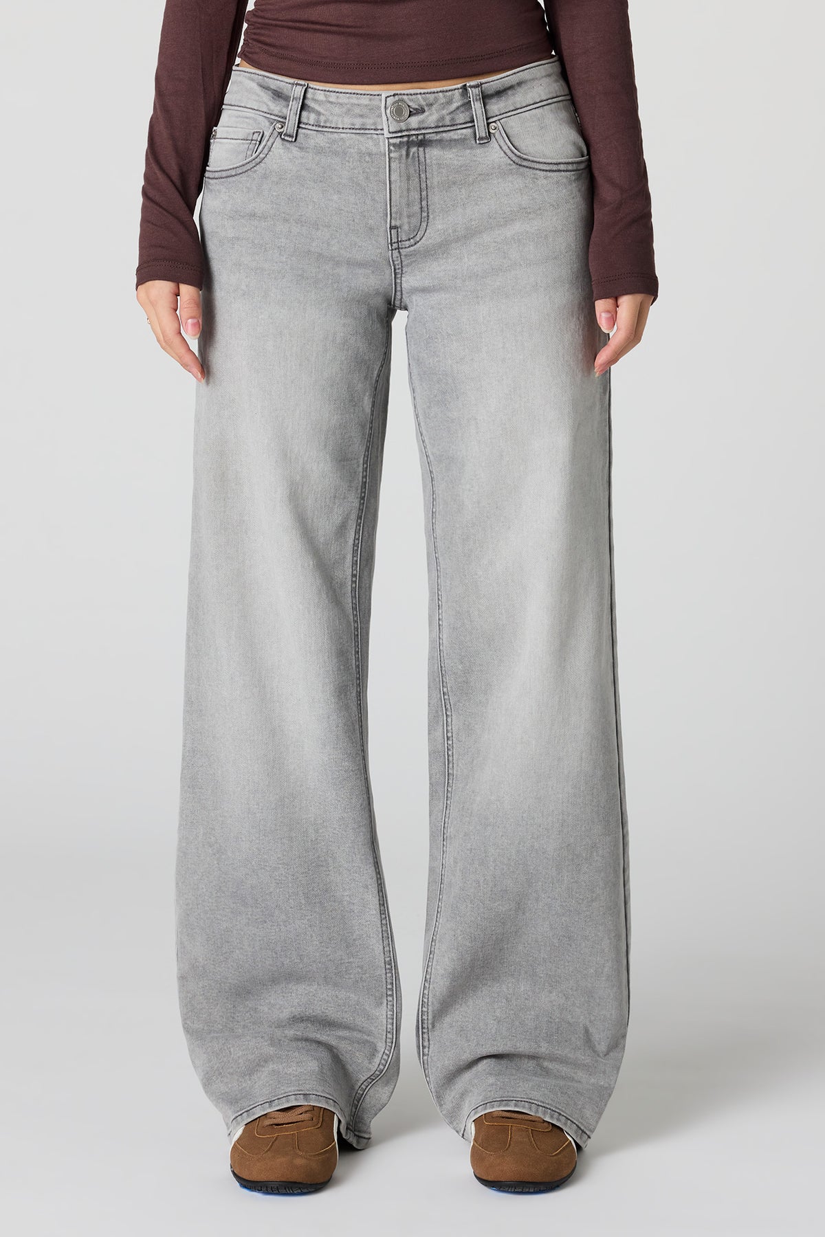Alt View 2. Stretch Low Rise Baggy Light Grey Jean - Light Grey