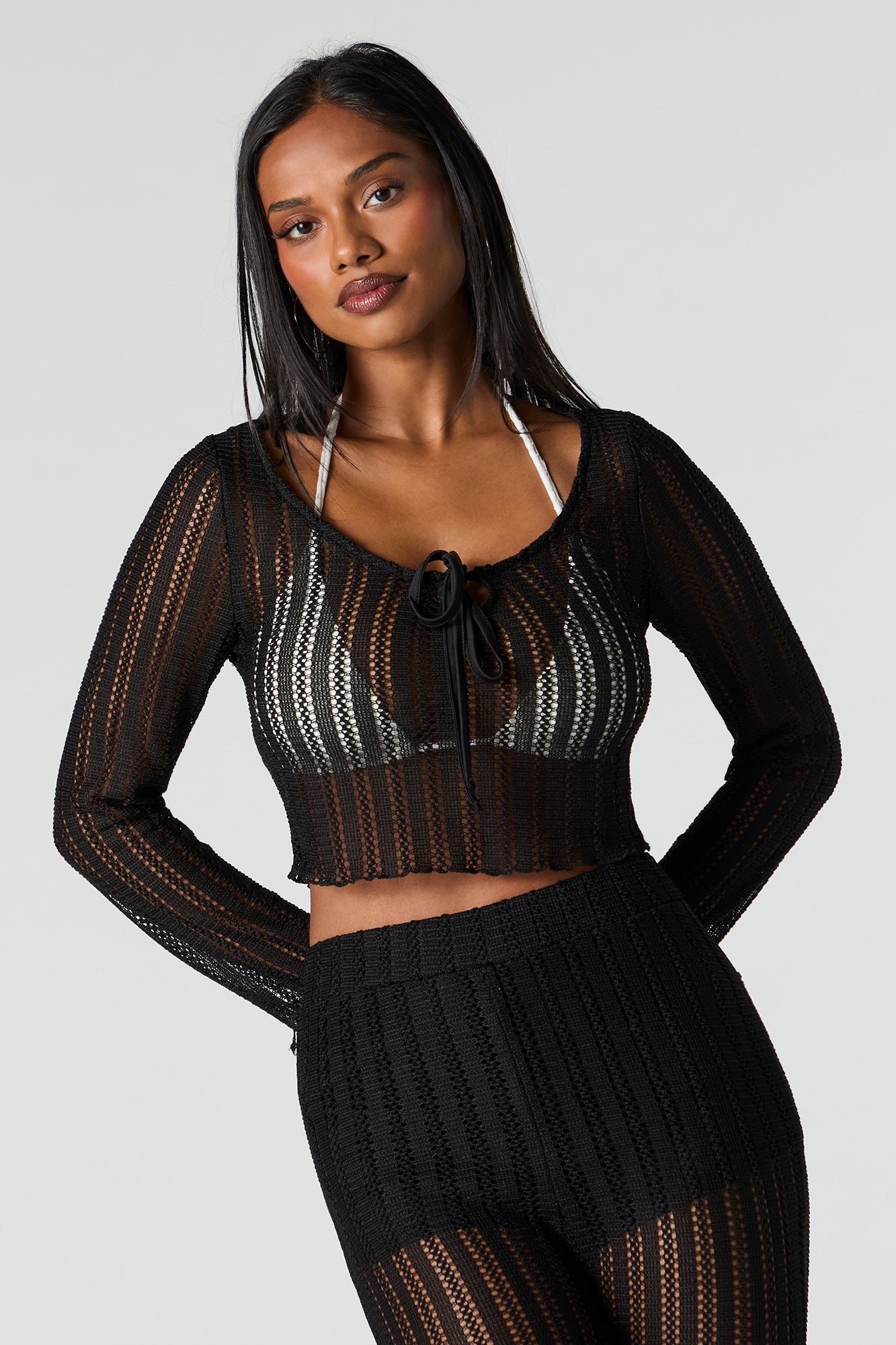 Crochet Cropped Long Sleeve Cover Up