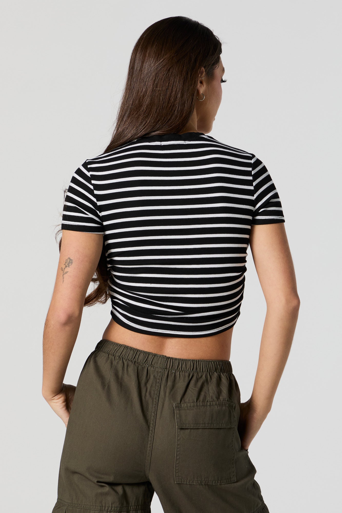 Striped Ribbed Side Cinched Cropped T-Shirt