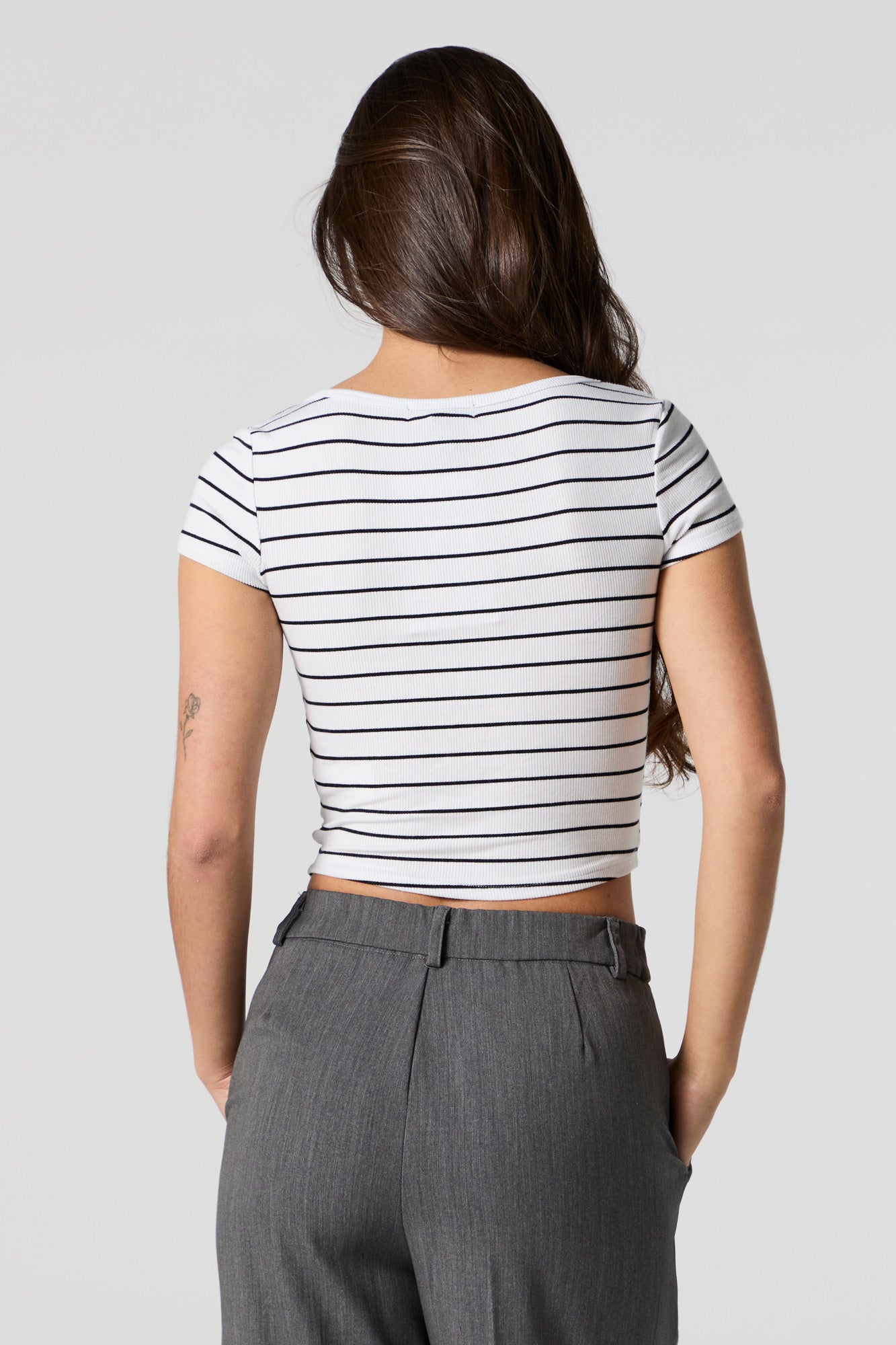 Striped Ribbed Notched Cropped T-Shirt