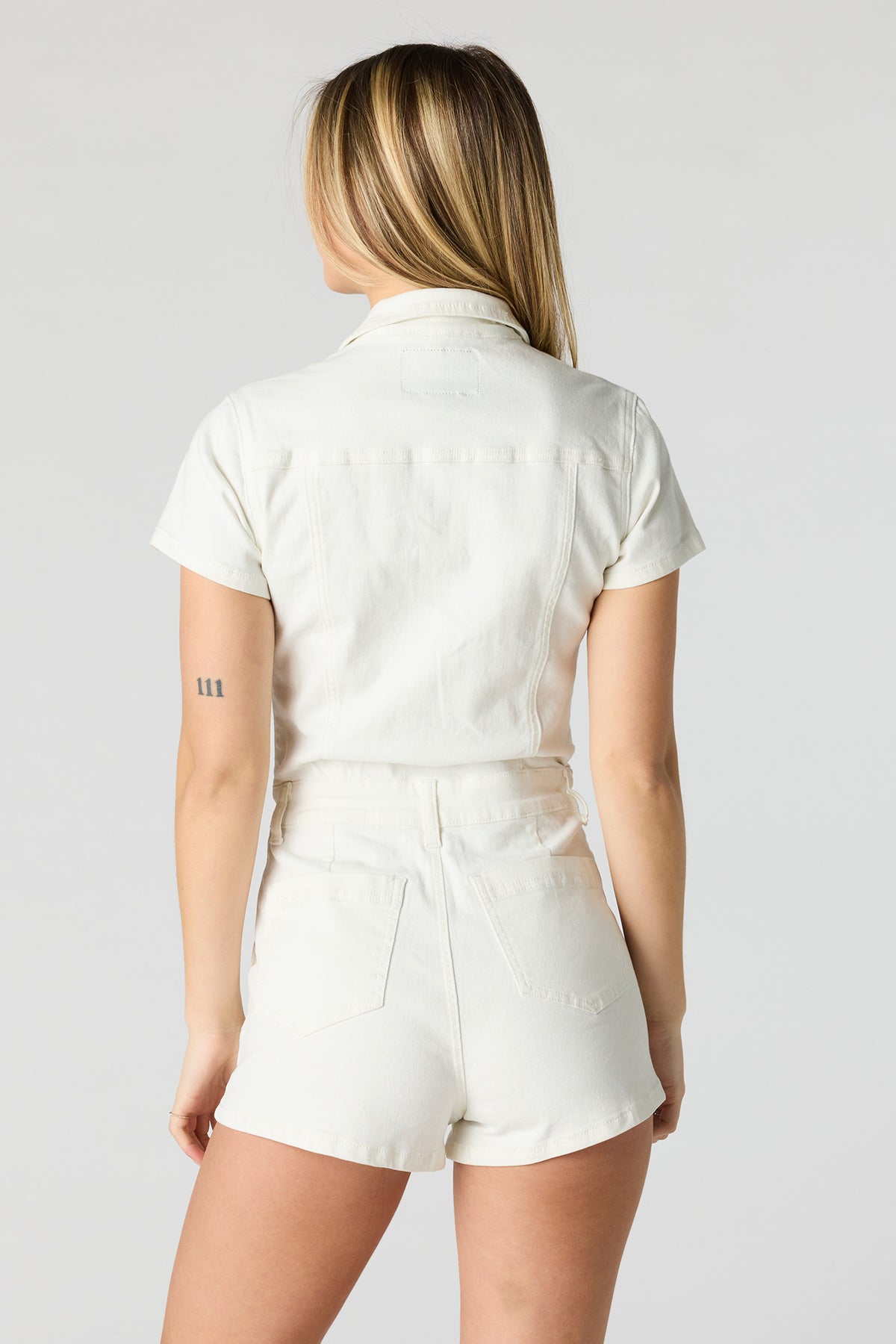 Alt View 2. Stretch Denim Zip-Up Romper - White
