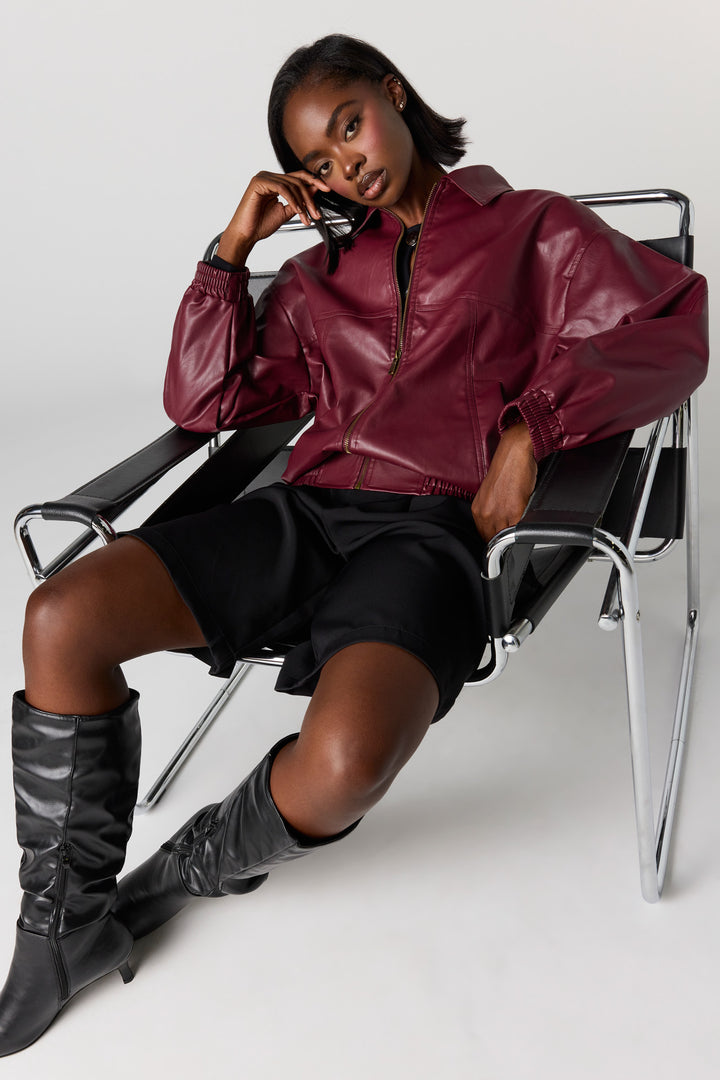 Faux Leather Collared Bomber Jacket