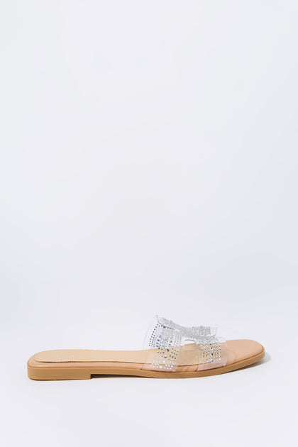 Sandales à enfiler transparentes ornées de pierres du Rhhin